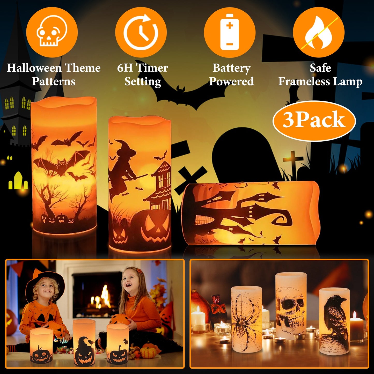 Flameless Halloween Candles with Timer - 3 Pack LED Battery Operated