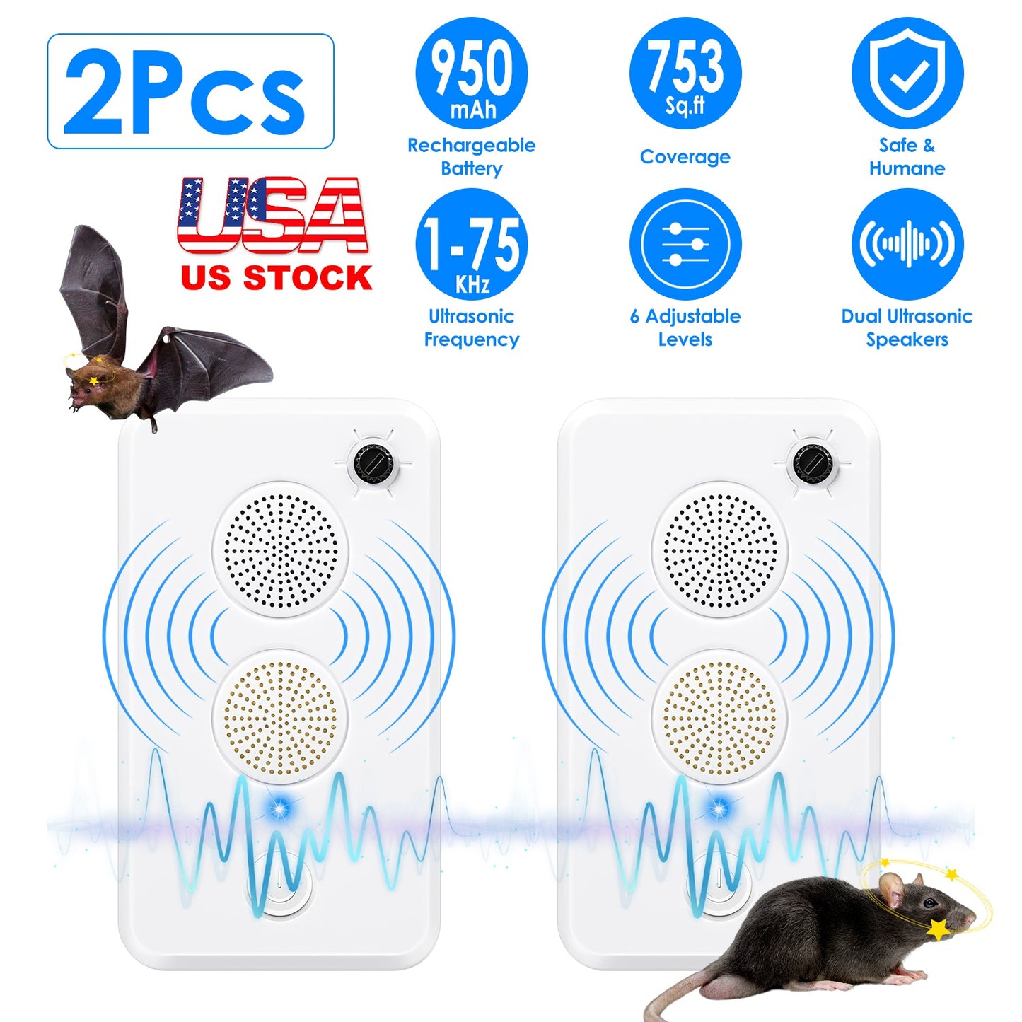 Ultrasonic Bat Repellent 2-Pack Rechargeable Indoor Outdoor