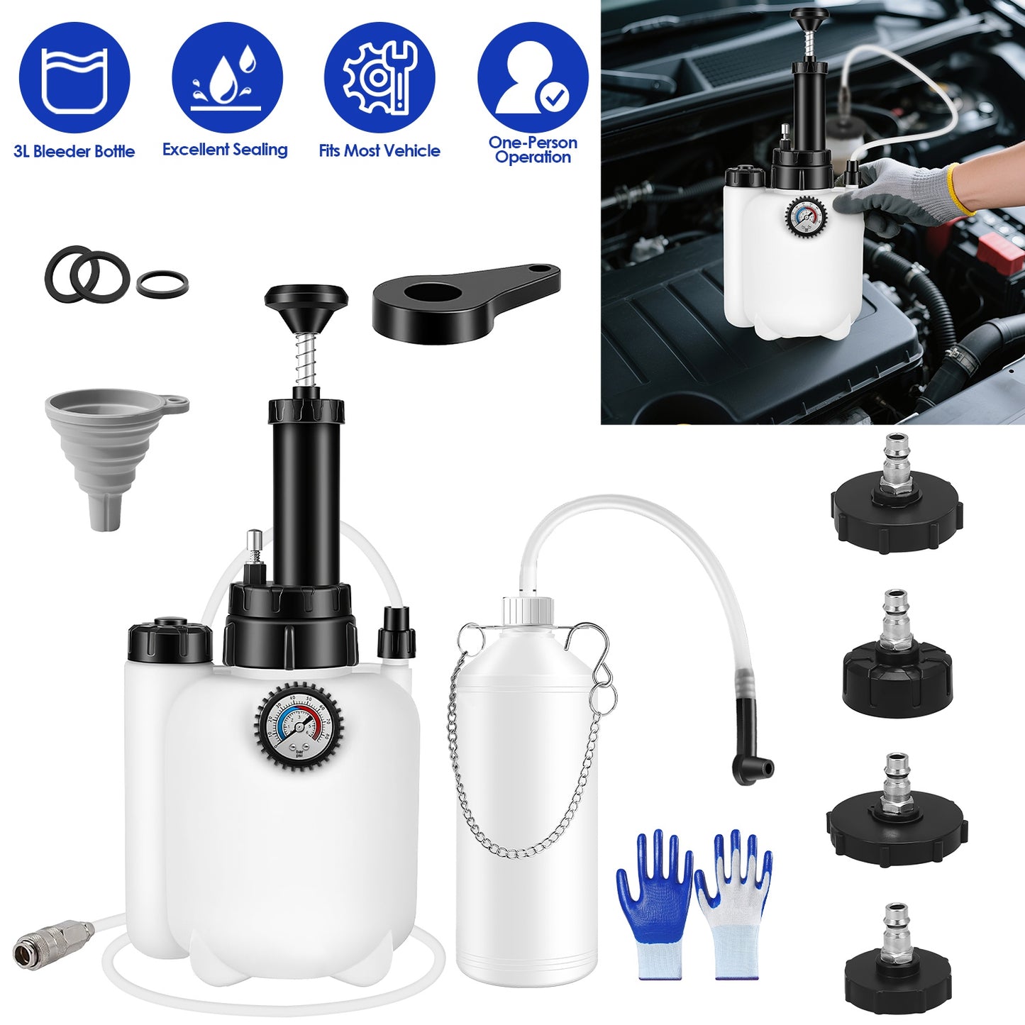 3L Manual Brake Bleeder Kit with 4 Adapter Caps