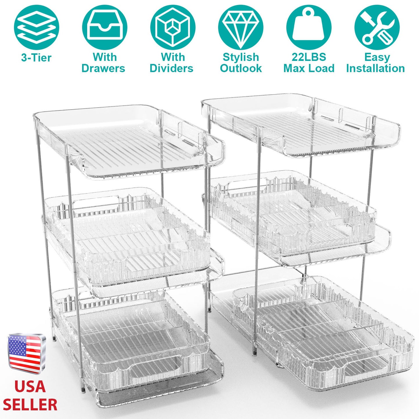 3-Tier Clear Bathroom Organizer with Drawers (2-Pack)