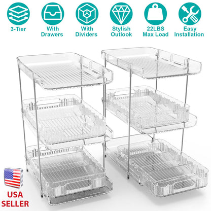 3-Tier Clear Bathroom Organizer with Drawers (2-Pack)