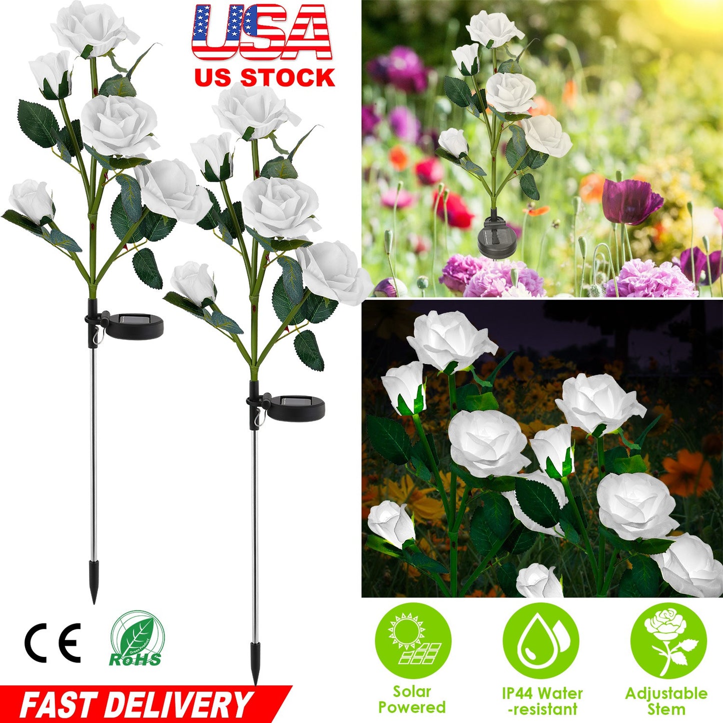 Solar Rose Flower Stake Lights - 2 Pack Outdoor Garden Decor