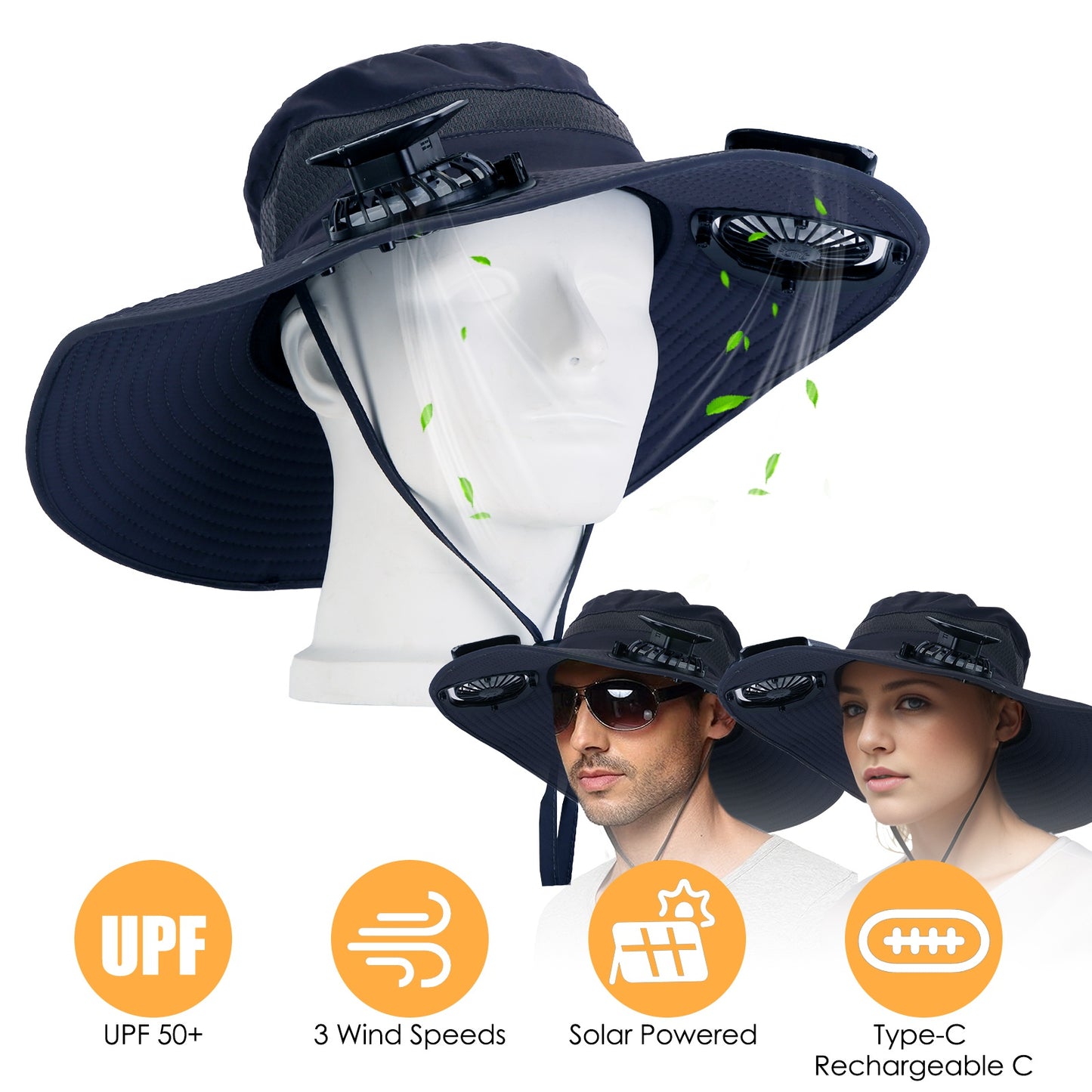 Wide Brim Sun Hat with Dual Rechargeable Fans & UPF50+
