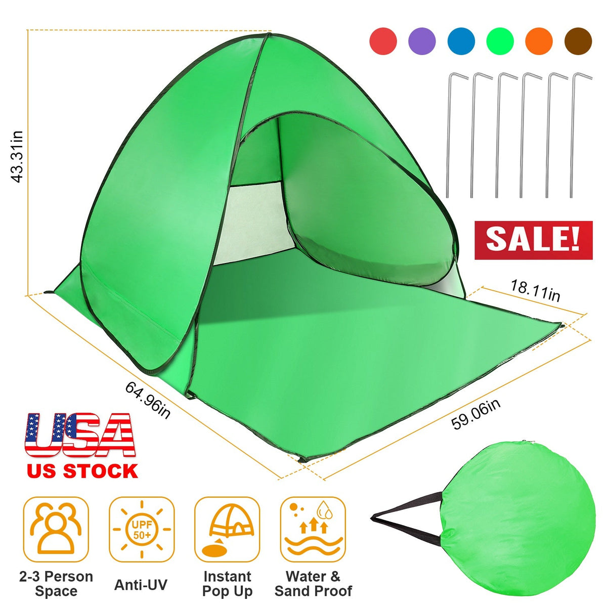 Pop Up Beach Tent Sun Shade Shelter Anti-UV Automatic Waterproof Tent Canopy for 2/3 Man w/ Net Window Storage Bag for Outdoor Beach Camping Fishing P