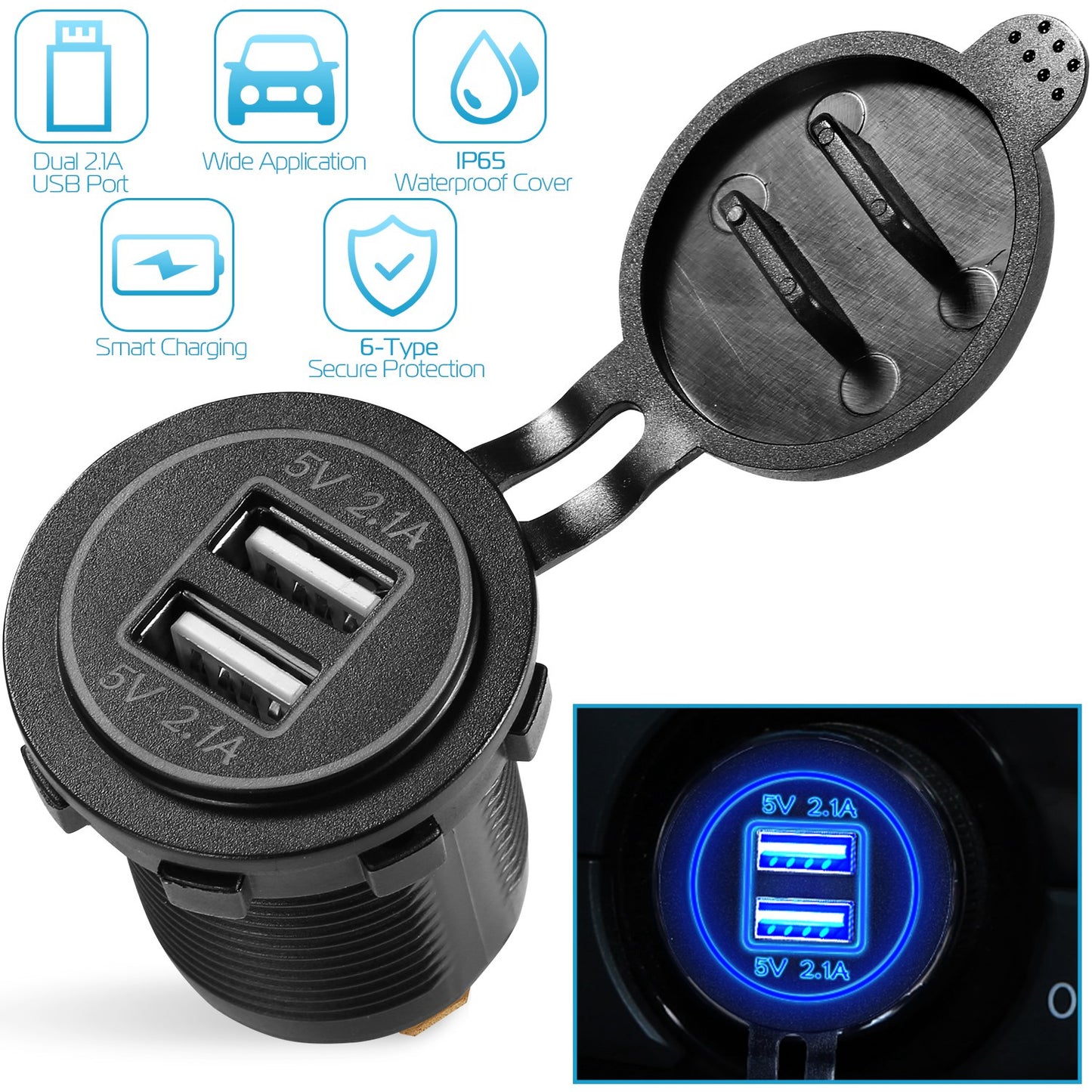 Dual USB Car Charger 12-24V Waterproof Cigarette Lighter Socket