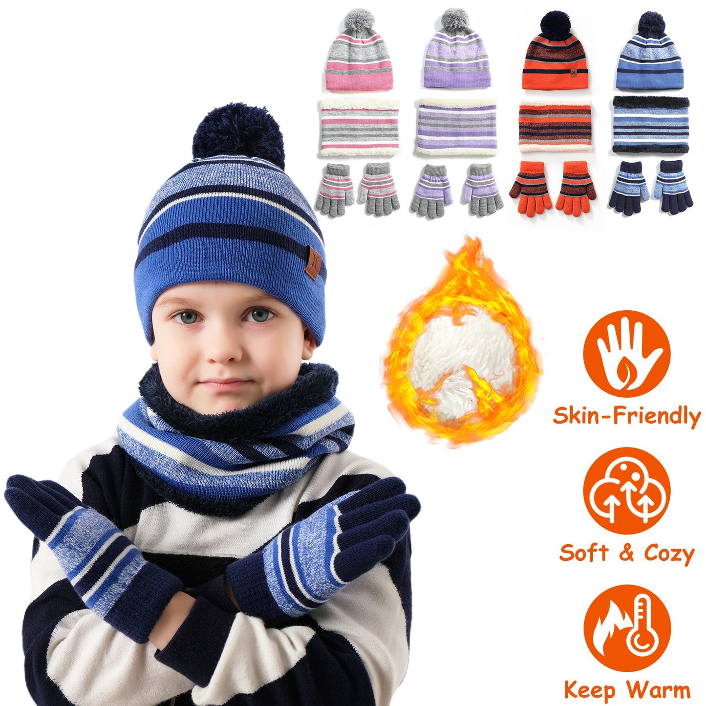 Kids Winter Warm Knitted Hat Scarf Gloves Set