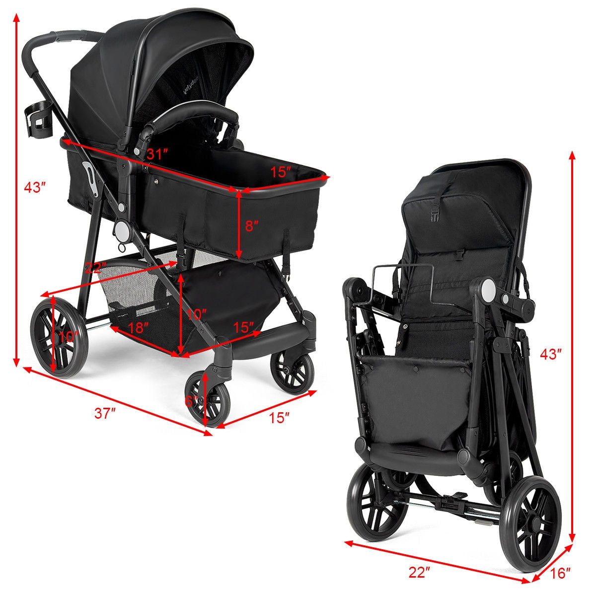 2-in-1 Foldable Baby Stroller with Reversible Seat