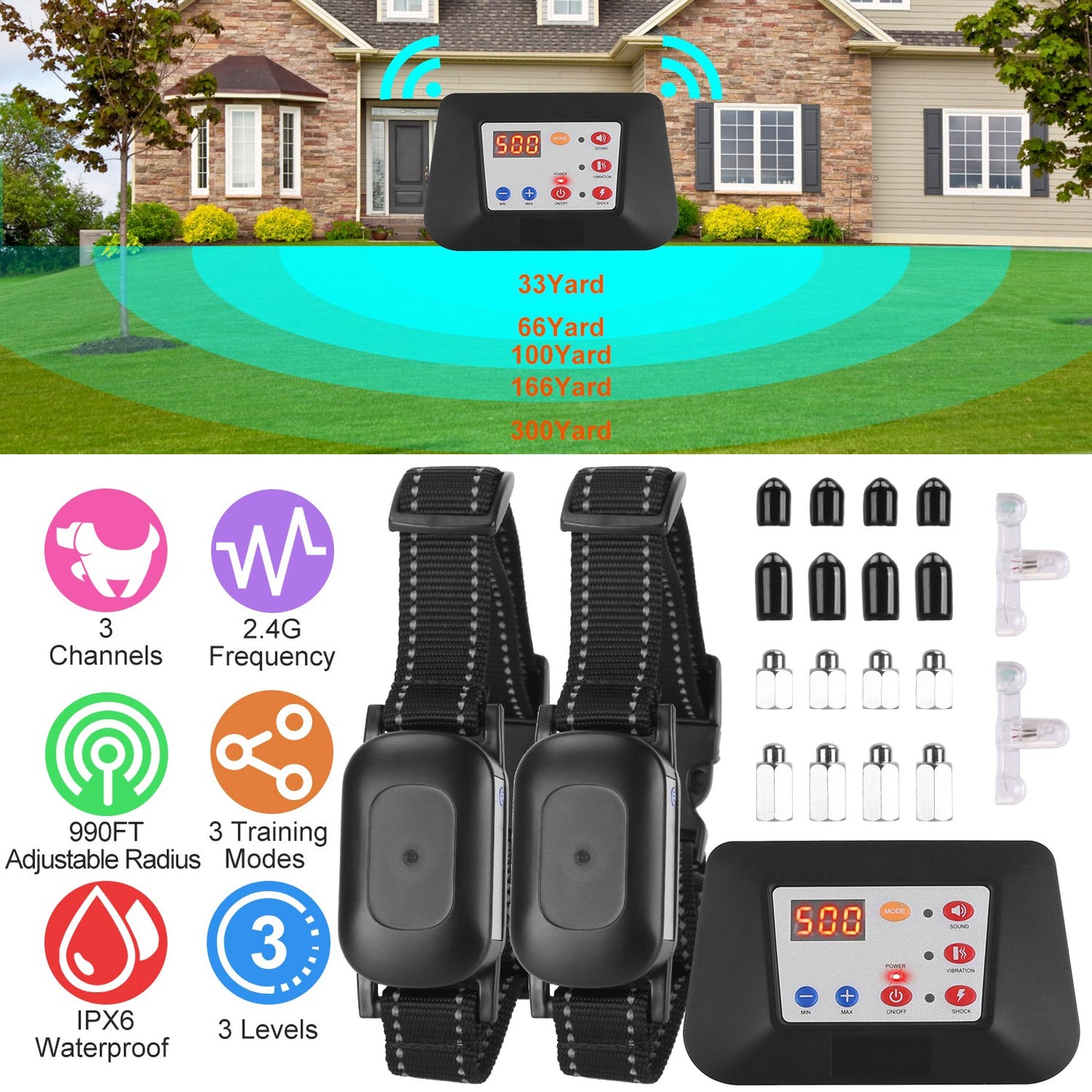 Wireless Dog Fence & Training Collar System 990FT Range