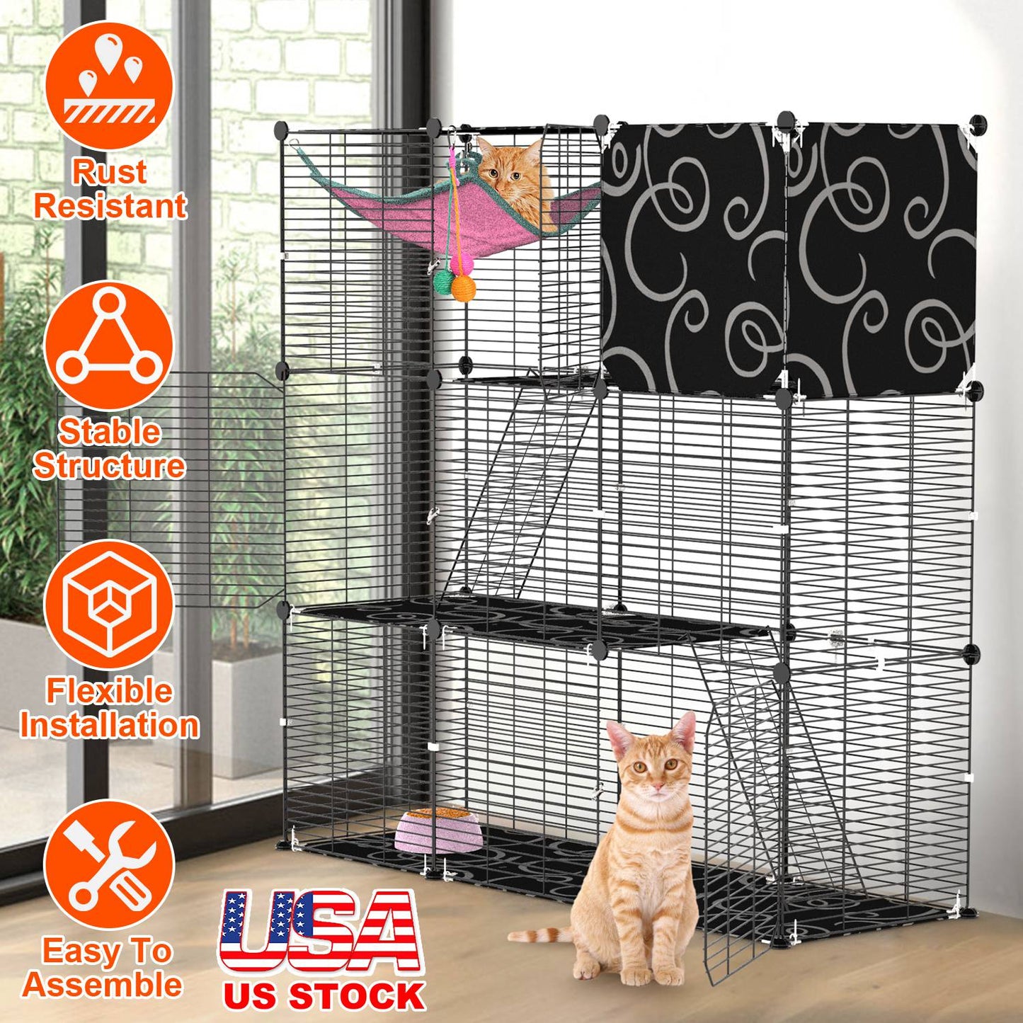 3-Tier Cat Cage Enclosure with Hammock and Ladder