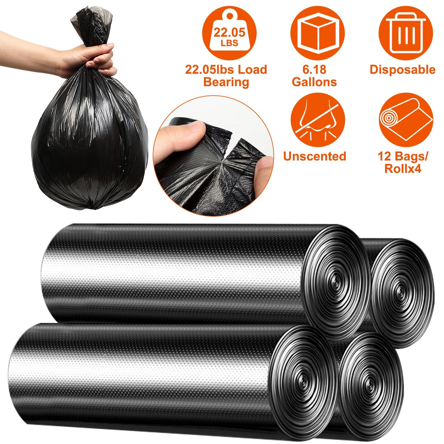 6.18 Gallon Trash Bags - 48 Count Black Unscented Liners