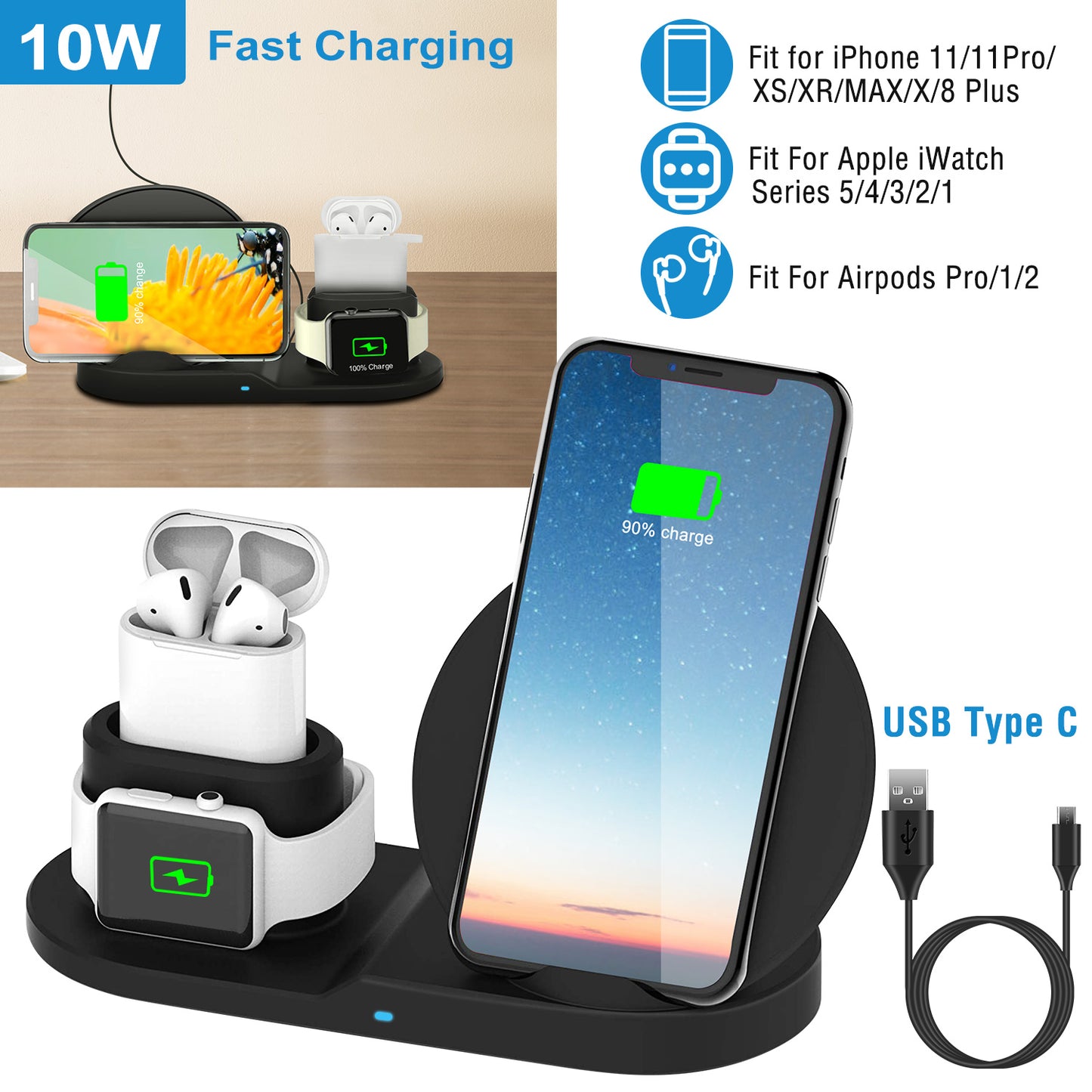 3-in-1 Wireless Charging Station 10W Fast Charge Dock
