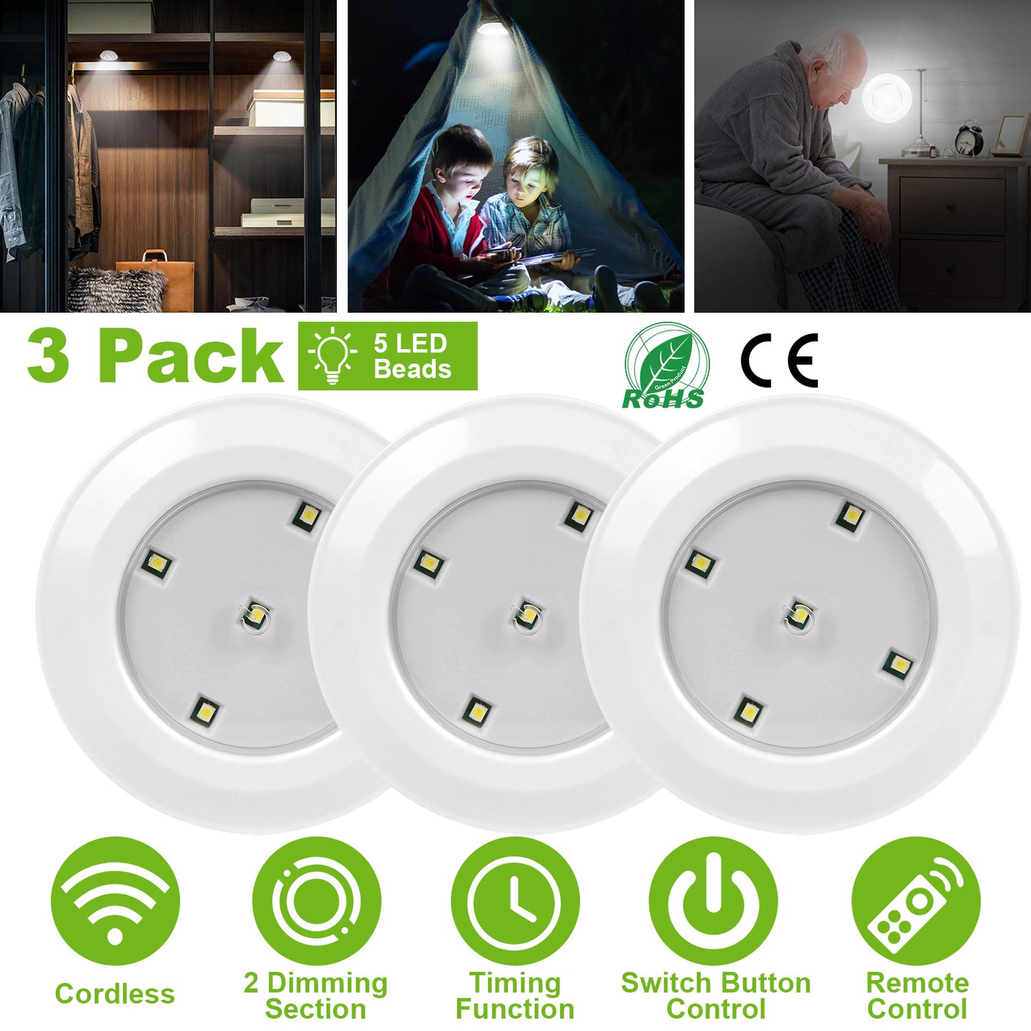 LED Night Light 3-Pack with Remote - Battery Powered Puck Lights
