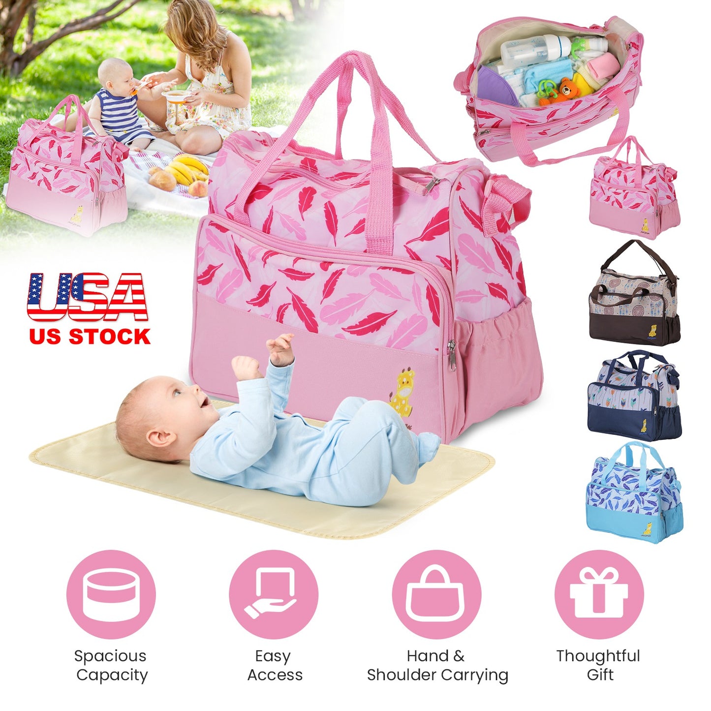 5-Piece Diaper Bag Set with Bottle Bag and Changing Pad