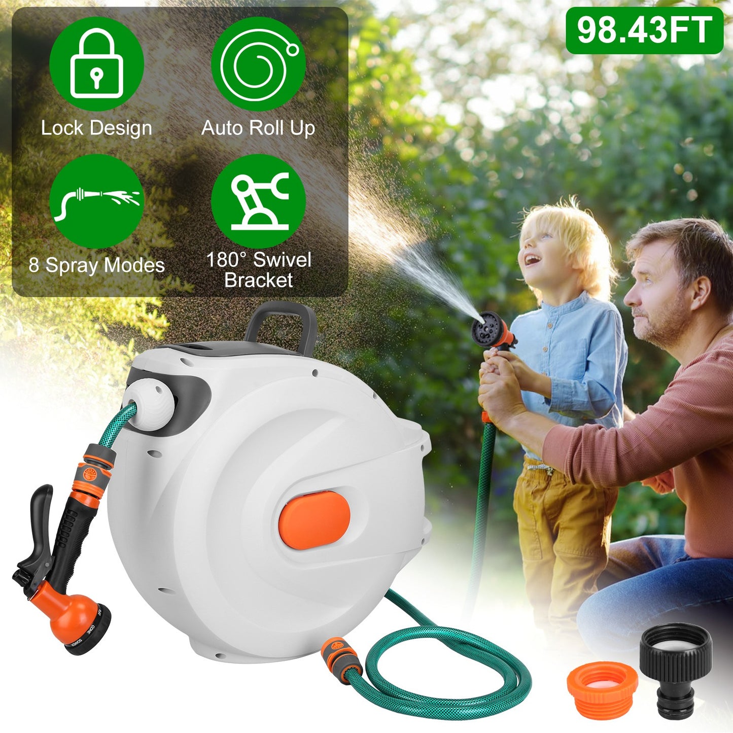 Retractable Garden Hose Reel 98ft Wall Mounted Auto Rewind
