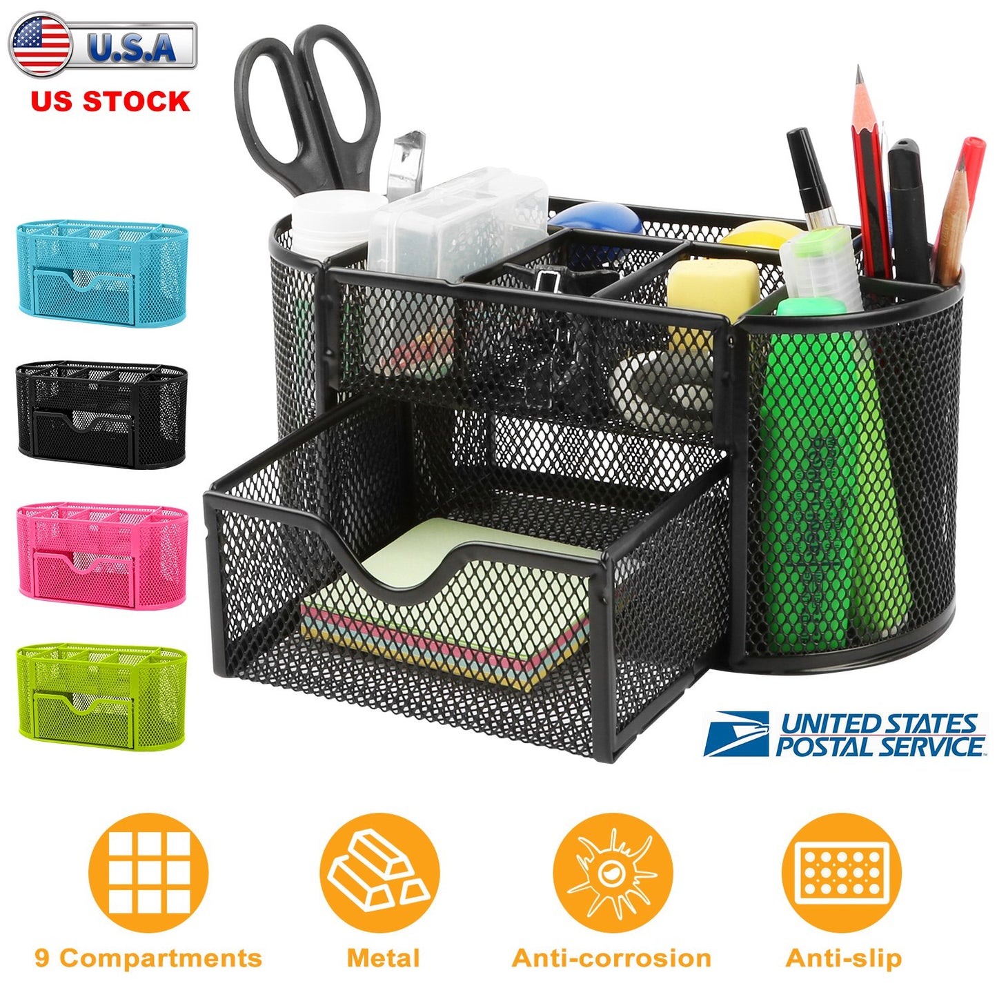 Metal Mesh Desk Organizer with 9 Compartments & Drawer