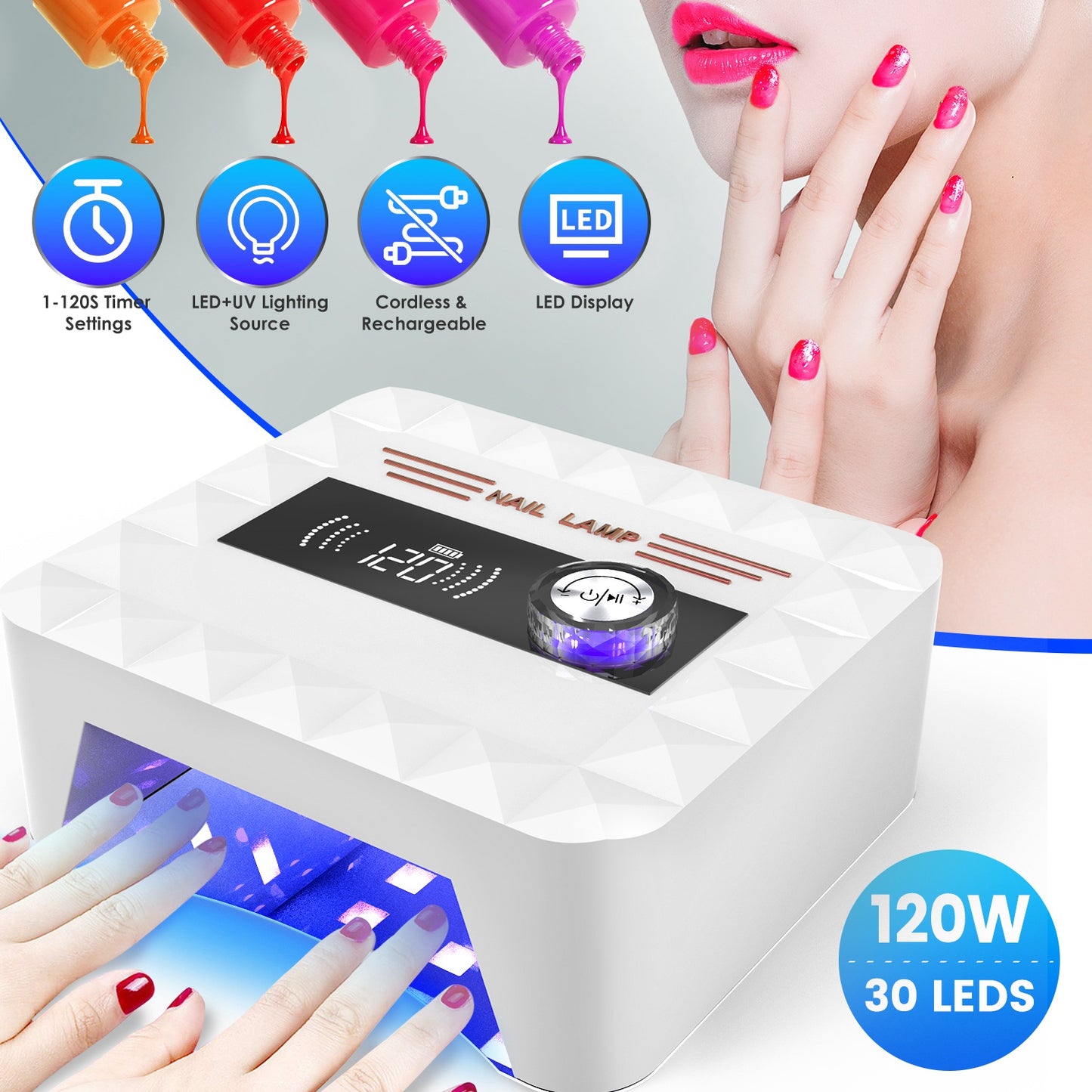 120W Cordless UV Nail Lamp Rechargeable Gel Curing Lamp Gel Polish Light Nail Dryer with LED Display 1-120S Timer Settings 30 LED Beads for Salon and
