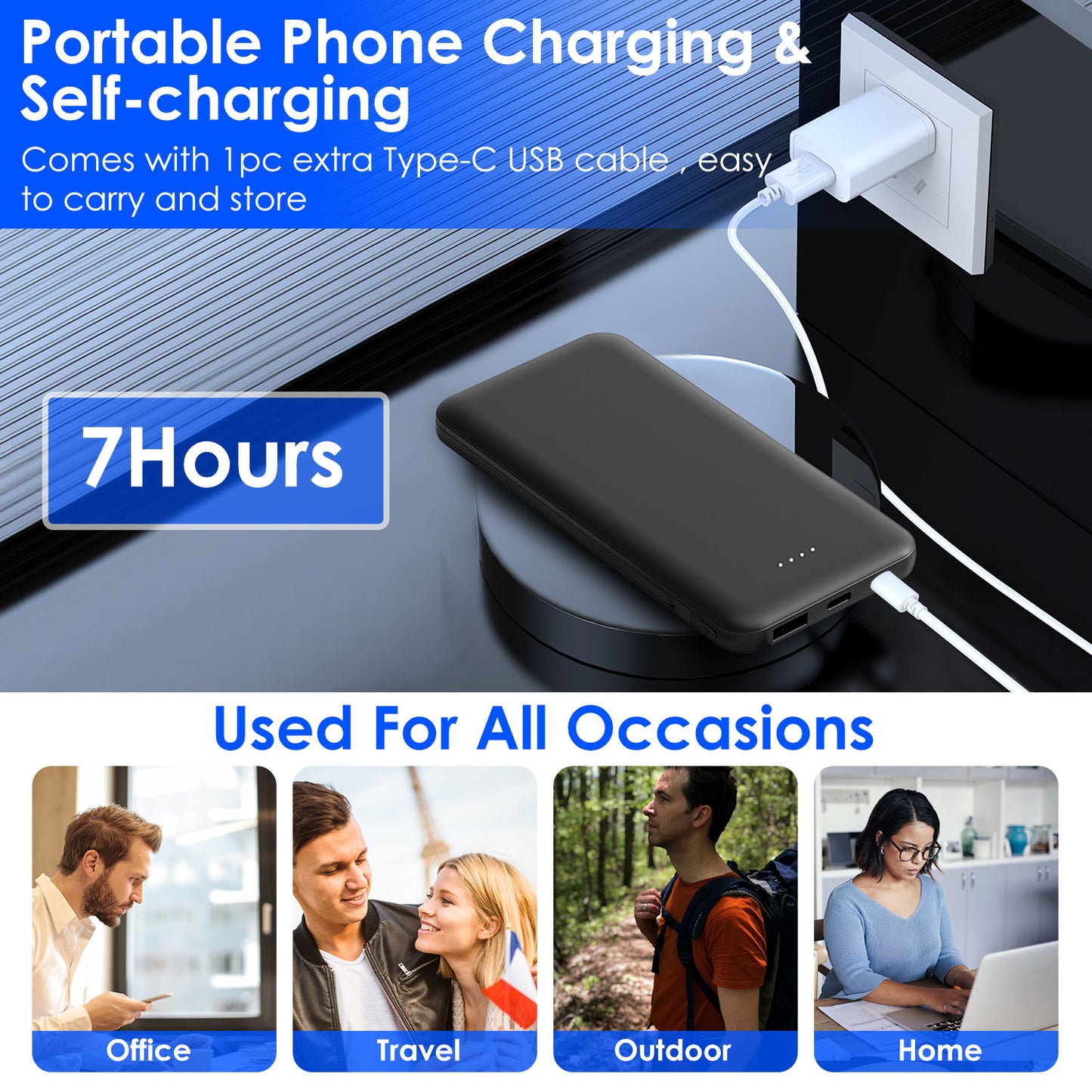 10000mAh Portable Power Bank with Built-In Cables