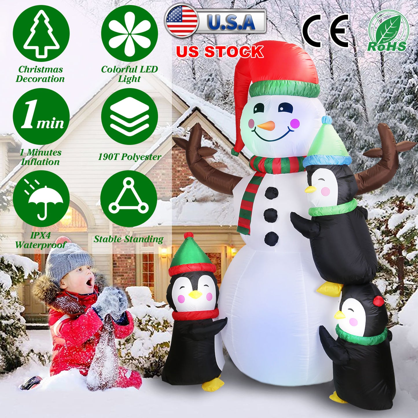 Christmas Inflatable Snowman with Penguins 5.9FT LED Outdoor