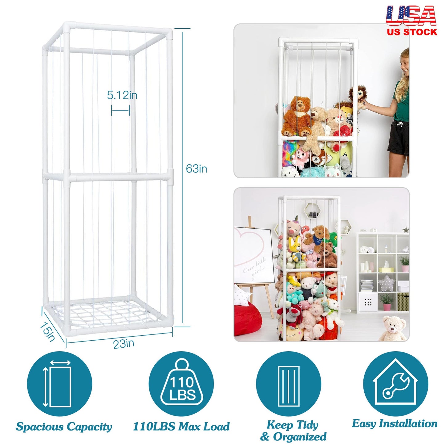 Stuffed Animal Storage Organizer - 63" Tall Standing Cage