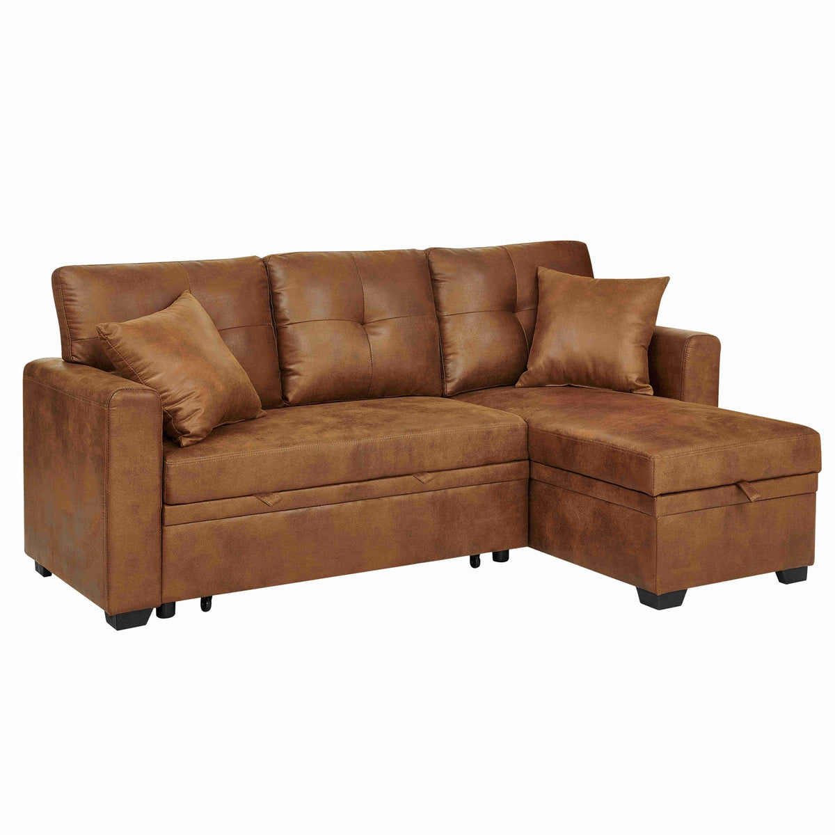 Sleeper Sofa with Pull-Out Bed, L-Shaped Sectional Couch with Reversible Chaise and Storage, Foil Fabric Upholstered Sof