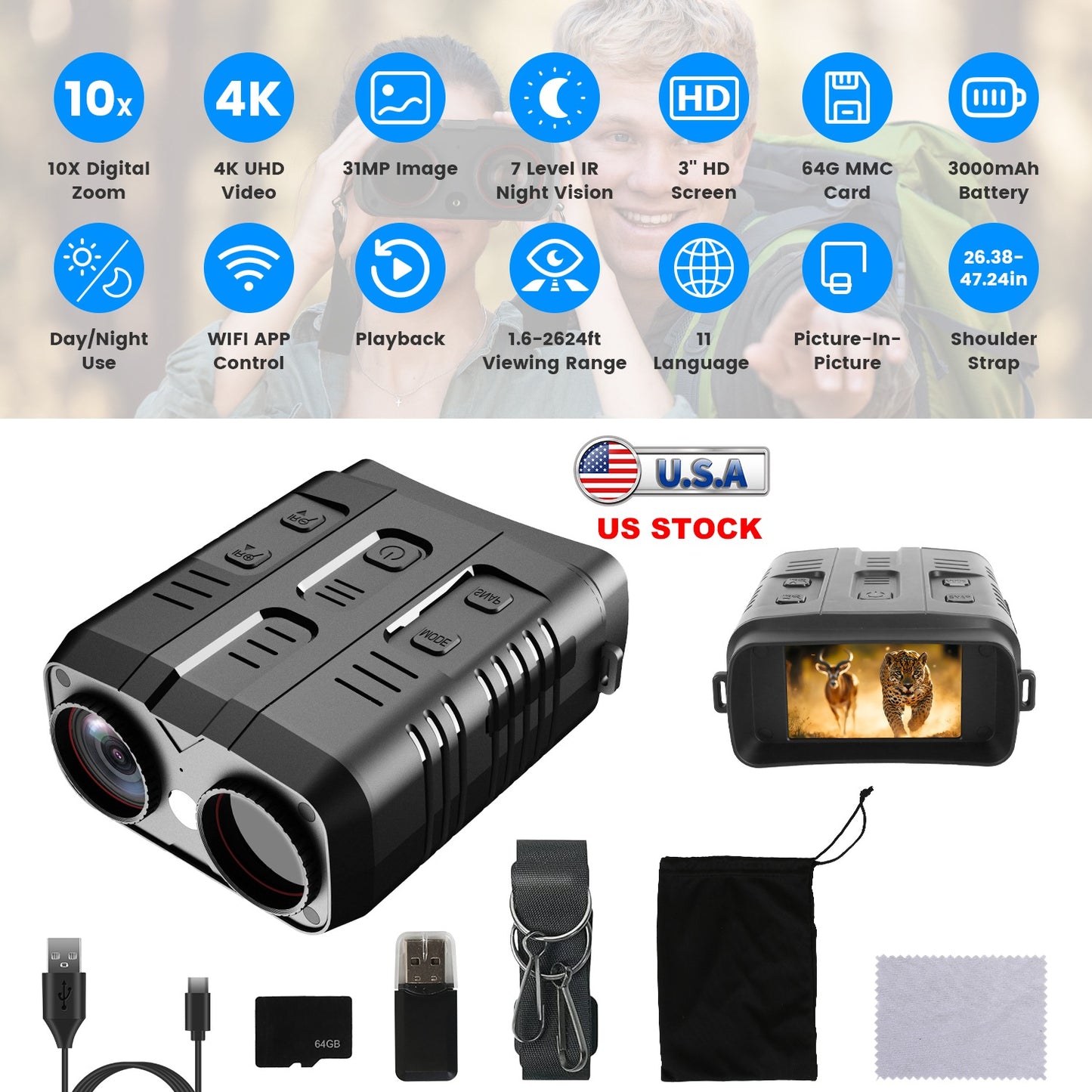 Night Vision Goggles 4K with 10X Zoom and 2624ft Range
