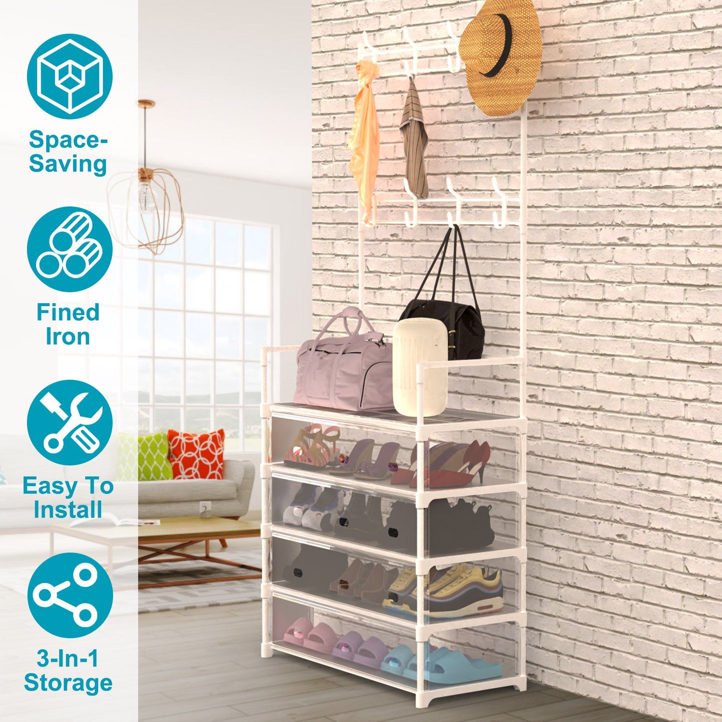 5-Tier Entryway Hall Tree with Coat Hooks & Shoe Storage