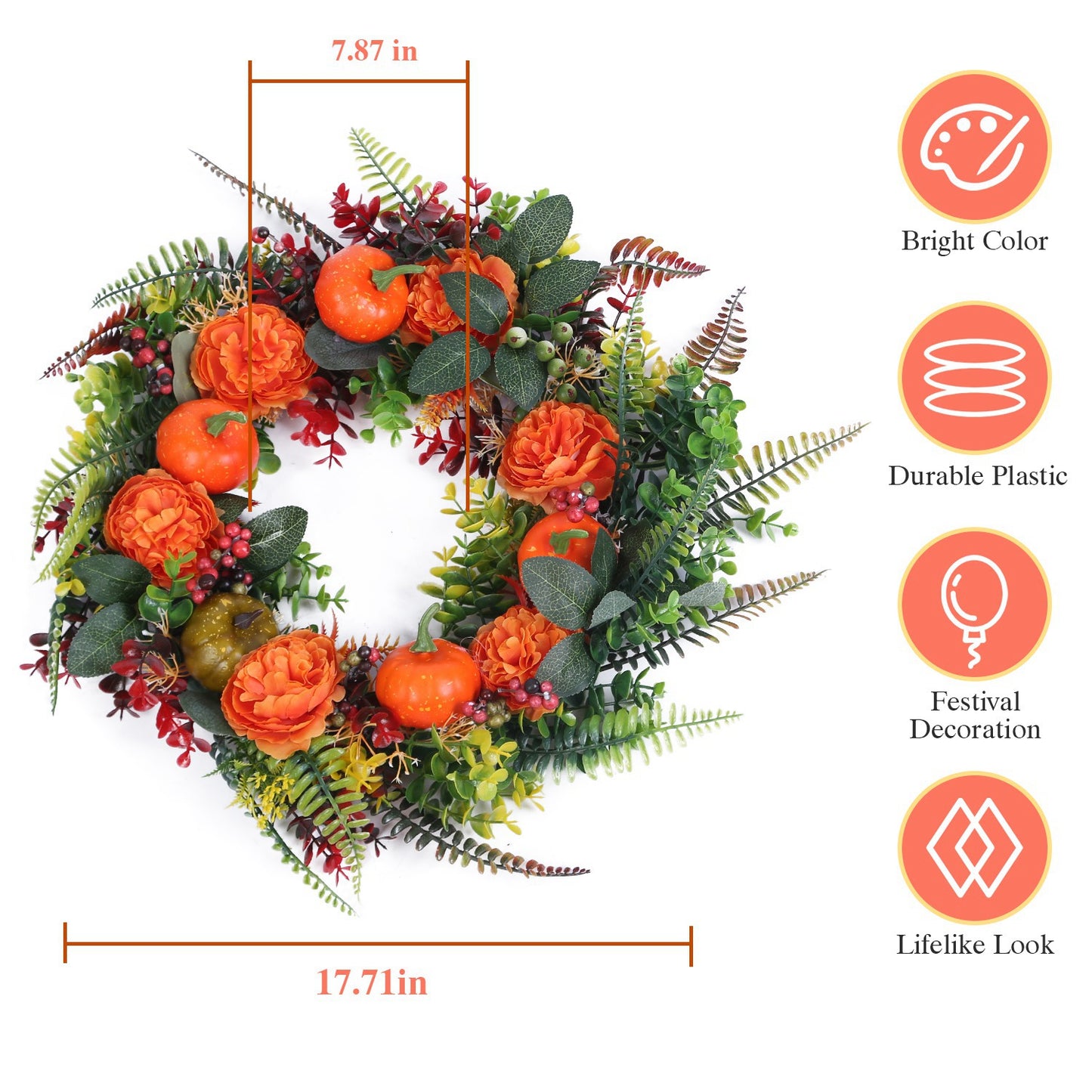 Autumn Wreath with Pumpkin and Mixed Leaves 17.71 Inch