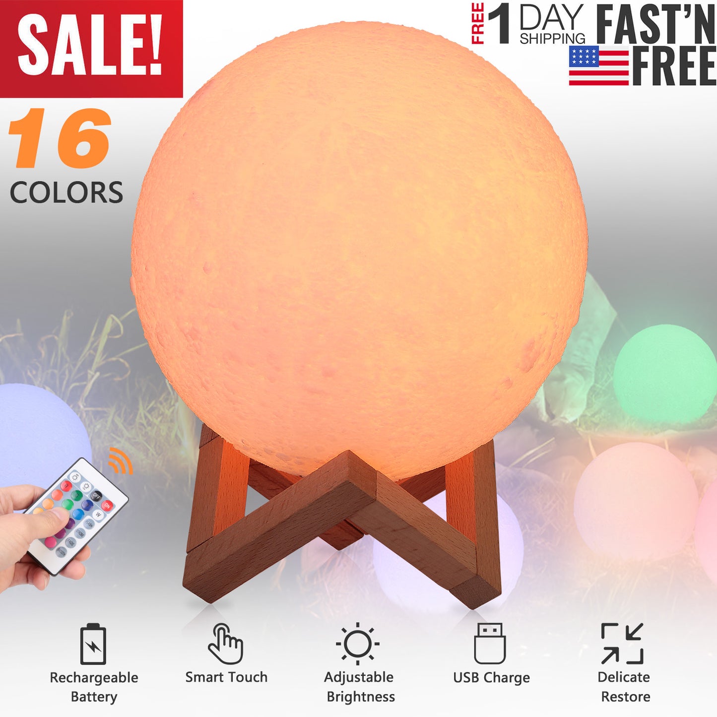 3D Moon Lamp Night Light with 16 Colors and Remote Control