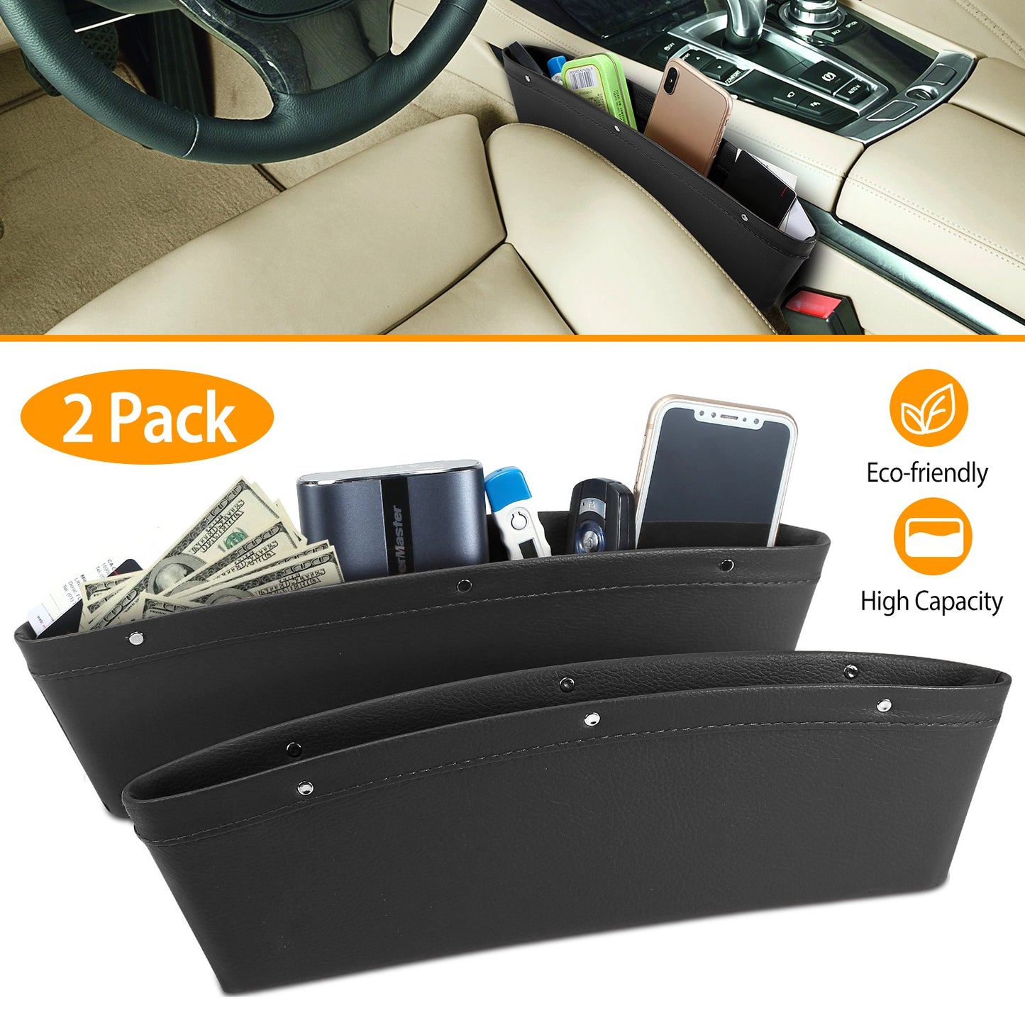 Seat Wedge Organizer 2-Pack for Car Storage