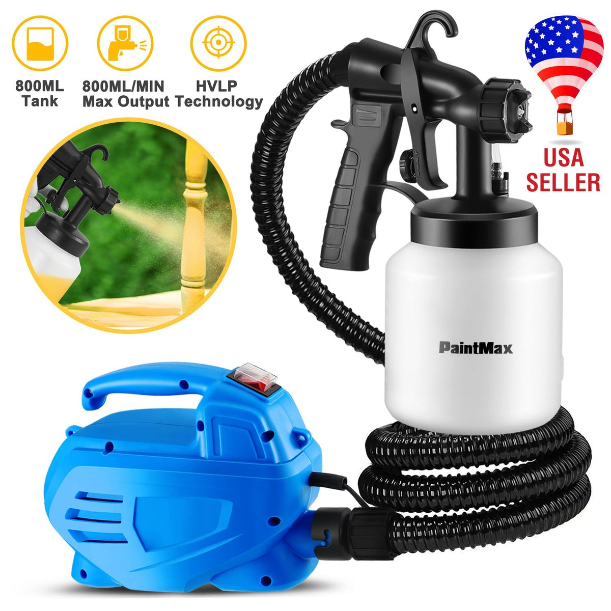 800ML Paint Spray Painter 650W Paint Sprayer Machine 800ML/Min Output HVLP Oil Primer Water Sprayer w/ 3 Spraying Patterns Motor Strap Detachable Cont