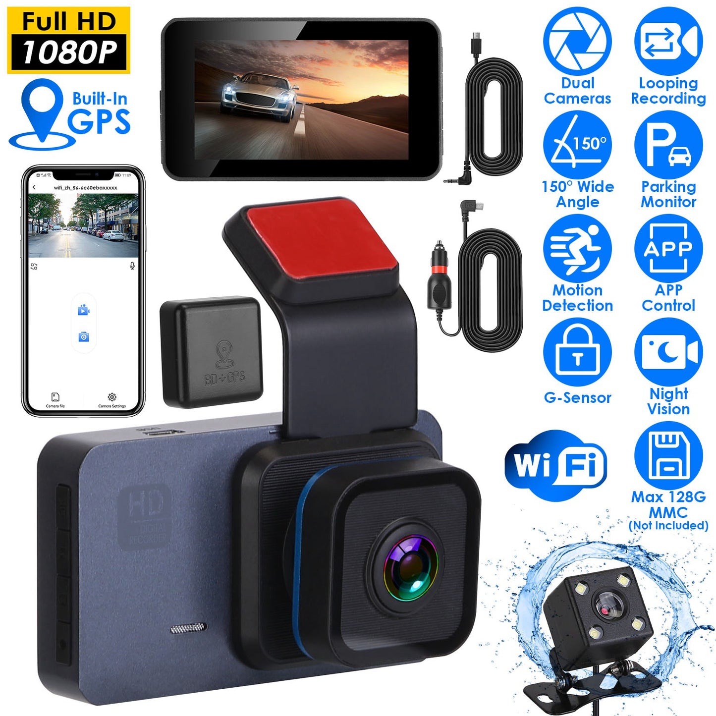 Dual Lens Dash Cam 1080P with WiFi GPS Night Vision