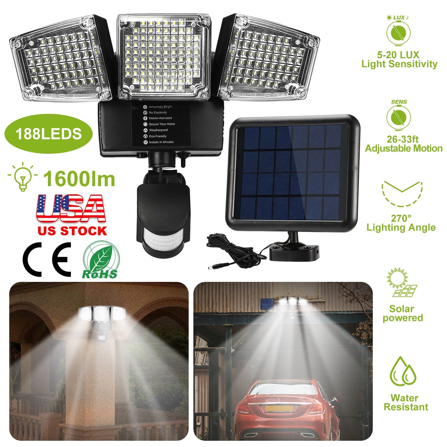 Solar Motion Sensor Light 188 LEDs 1600lm with 3 Rotatable Heads