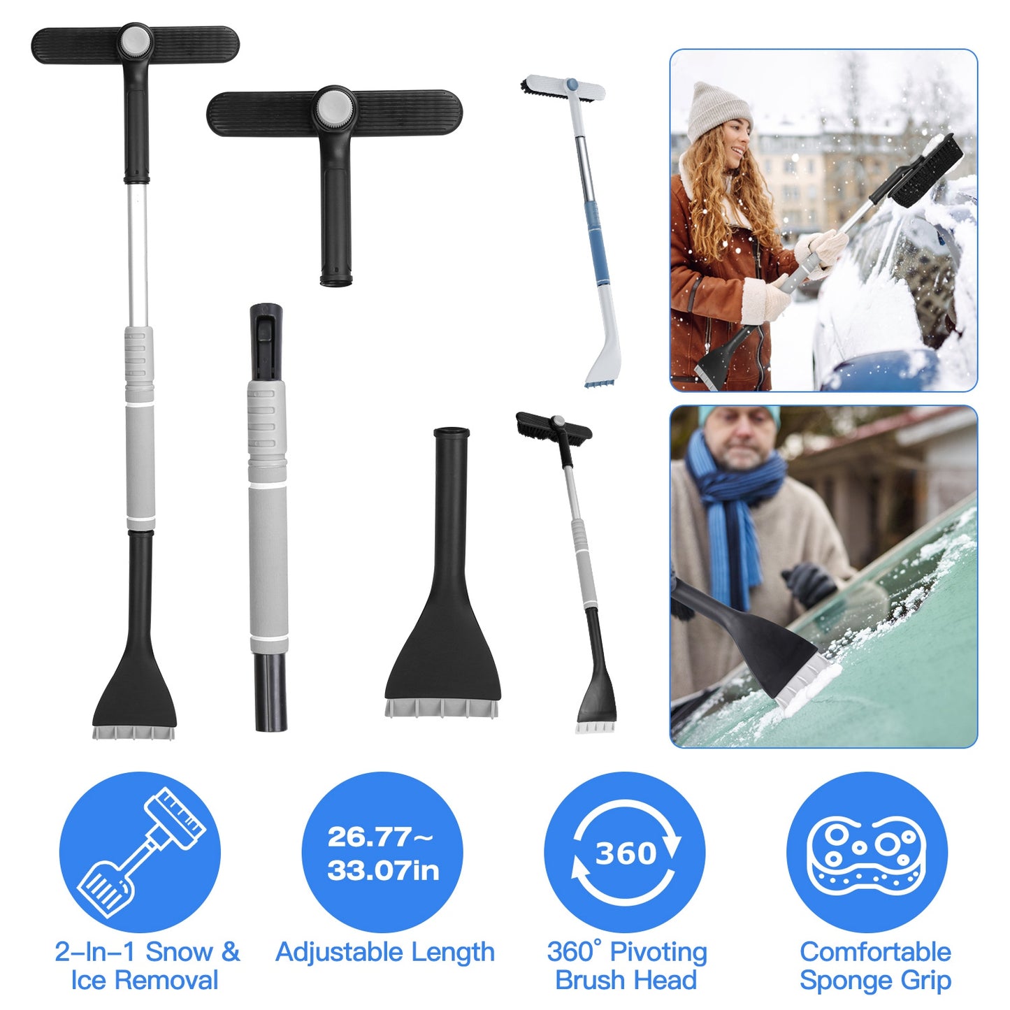Extendable Snow Brush and Ice Scraper with 360° Pivoting Head