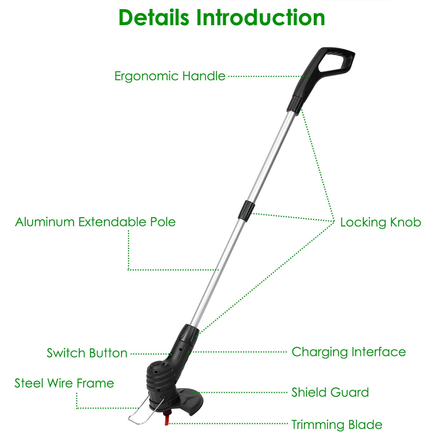 Cordless Grass Trimmer with Extendable Pole & 5 Blades