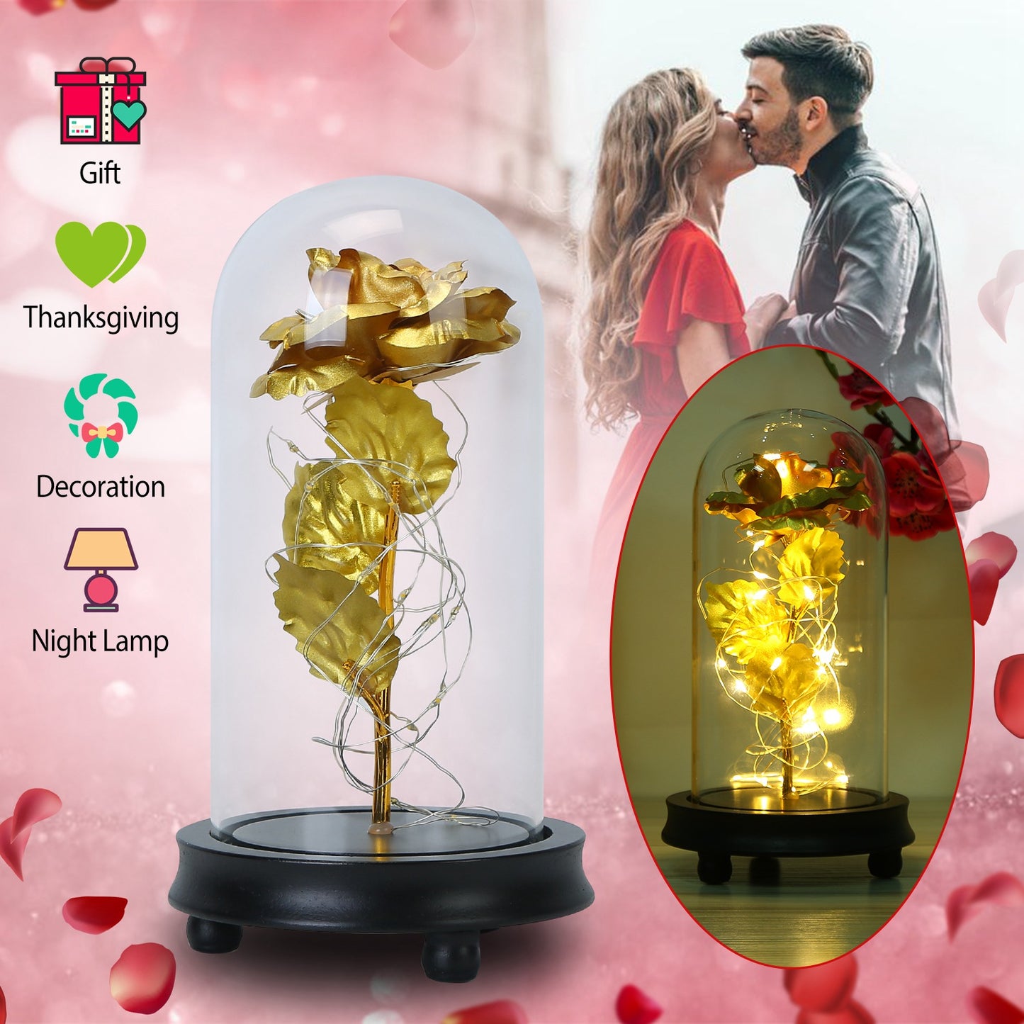 LED Rose in Glass Dome with Fairy Lights - Gold Foil Flower