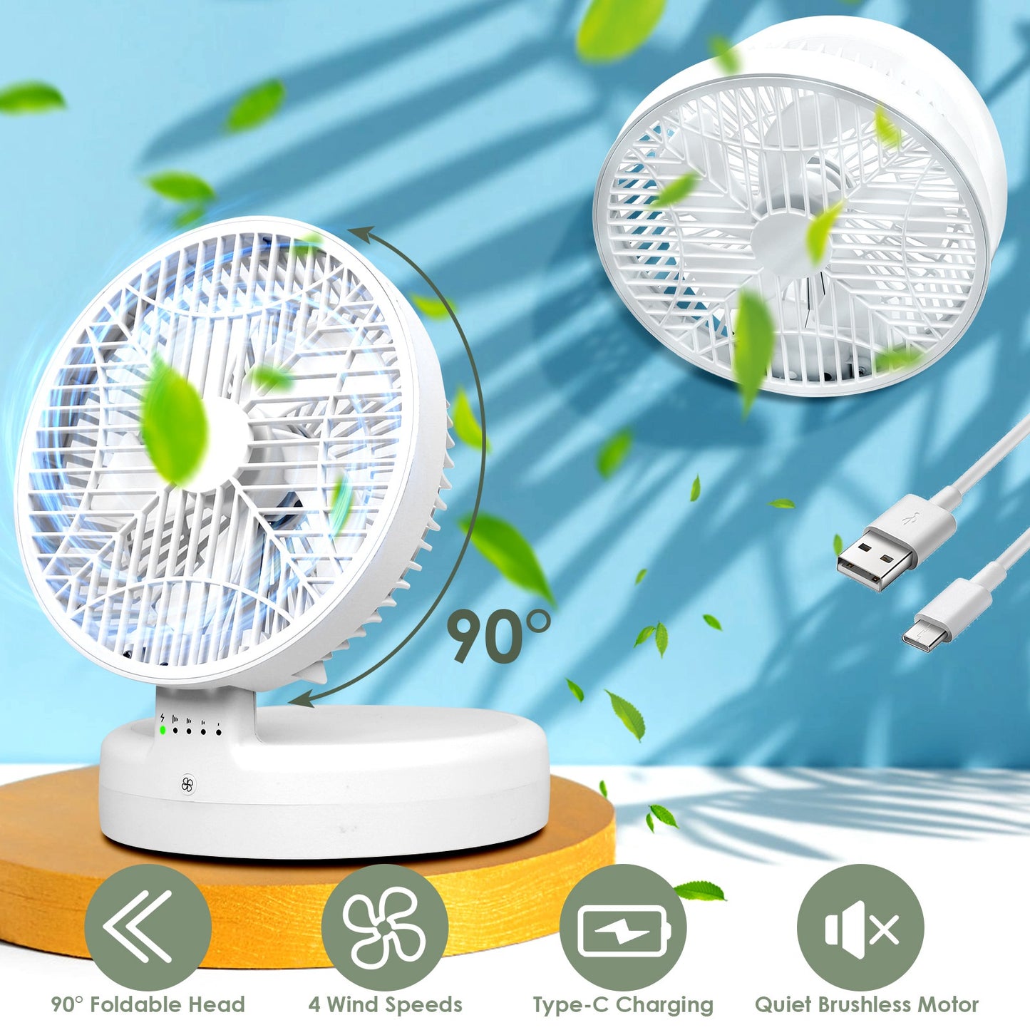 Foldable Desk Fan with 4 Speeds & 90° Adjustable Head