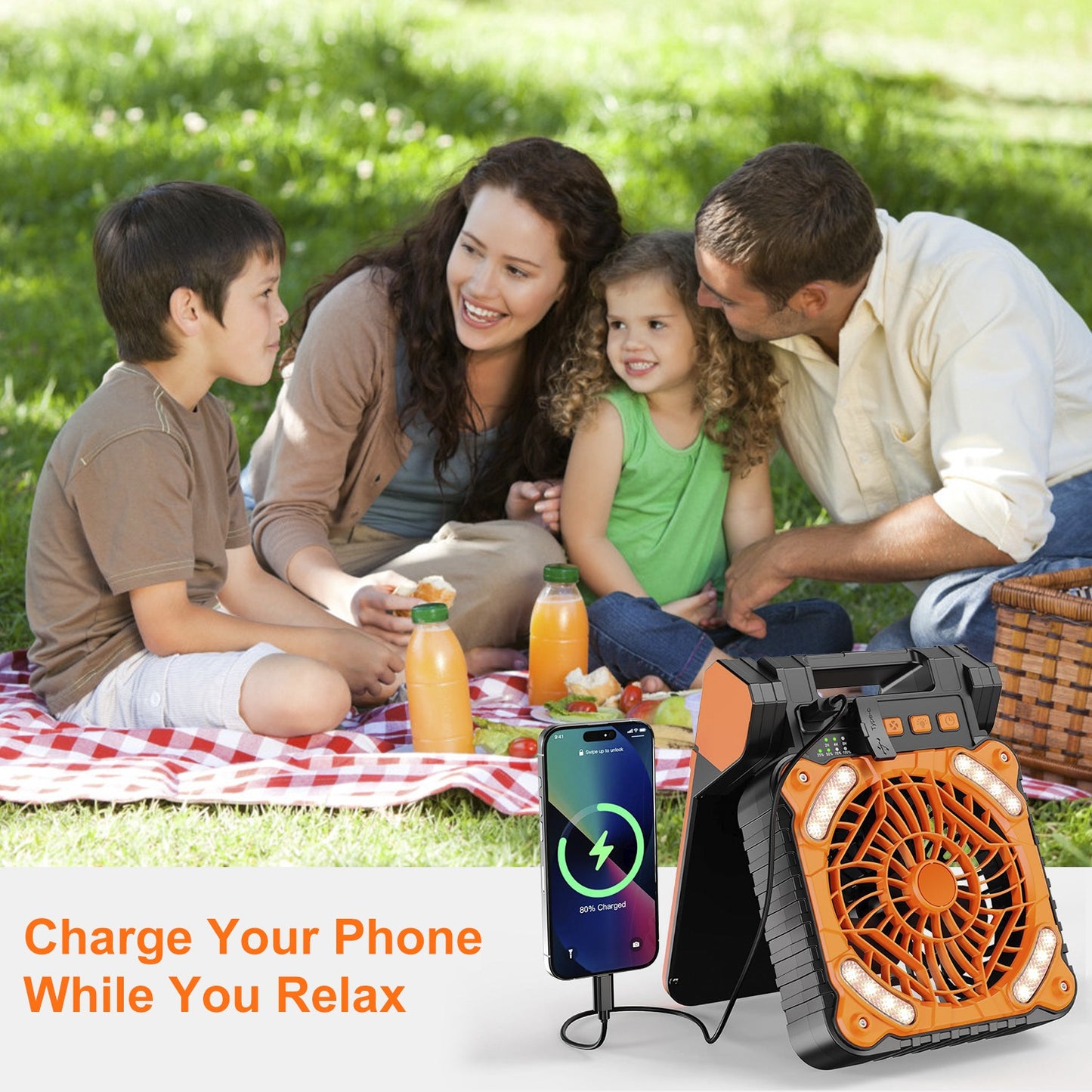 Solar Camping Fan with LED Lantern & 5200mAh Power Bank