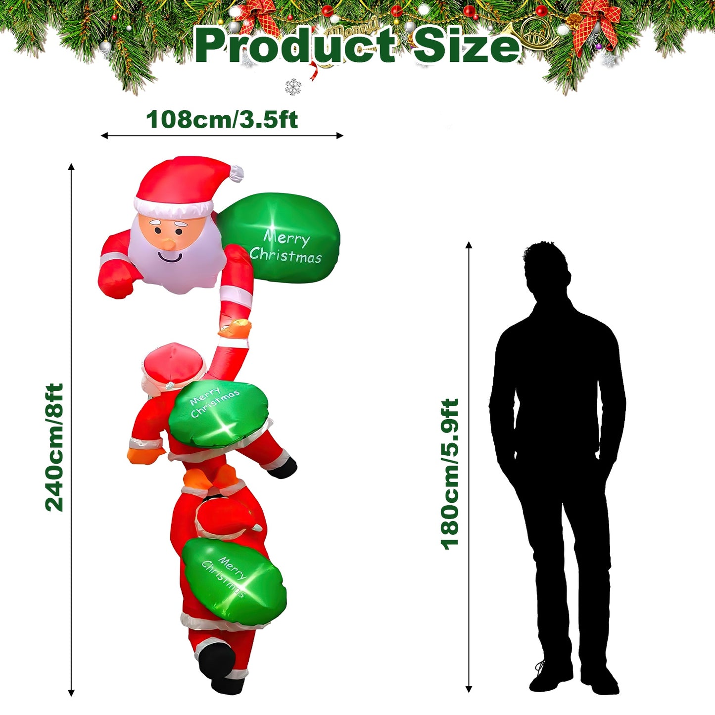 8FT Inflatable Climbing Santa Claus with LED Lights