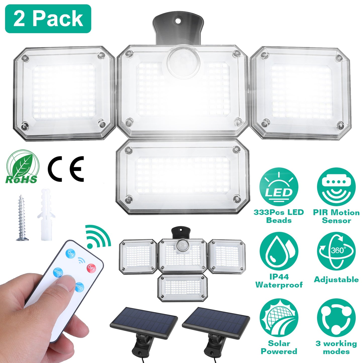 Solar Motion Sensor Wall Light 2-Pack with 333 LED Beads