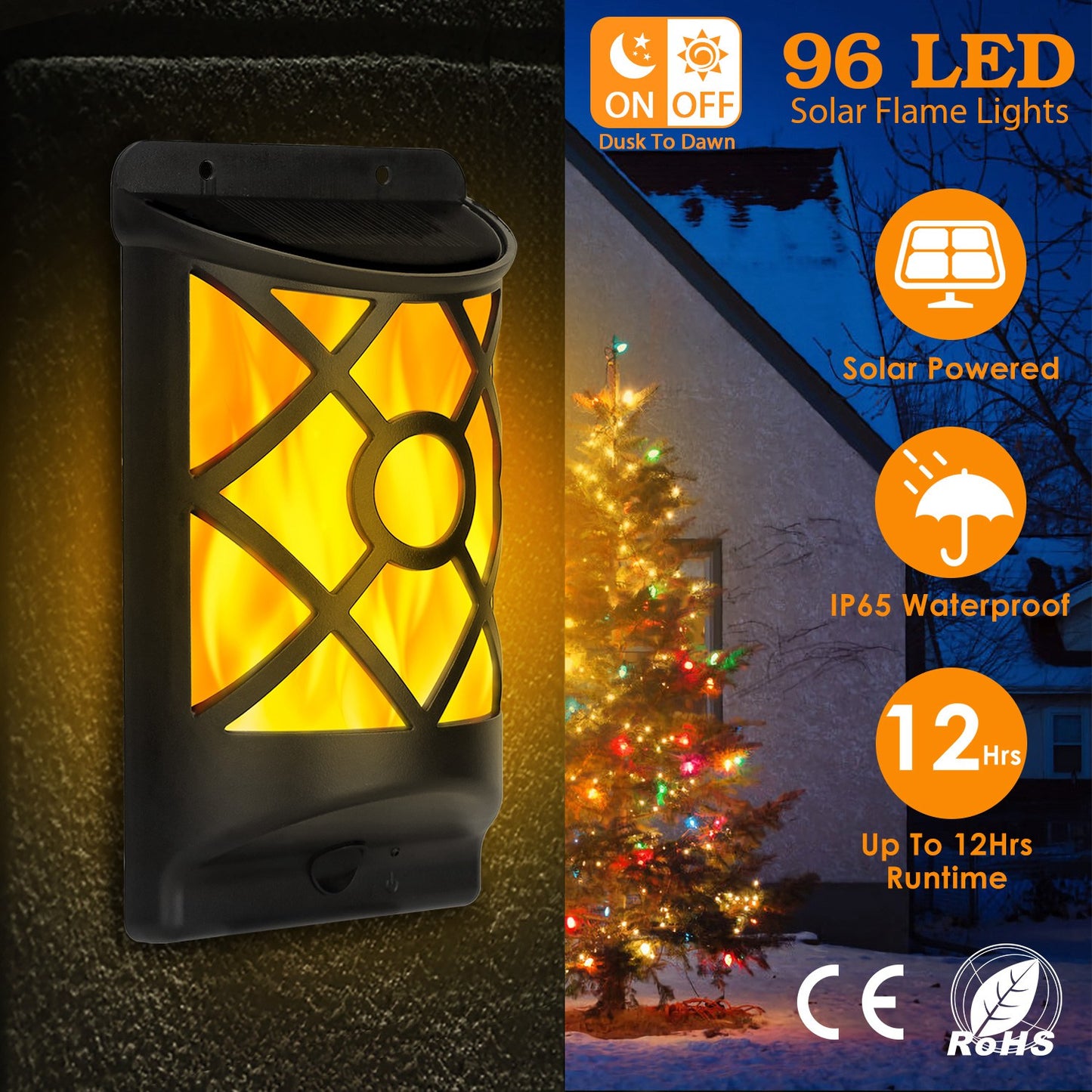 Solar Flame Wall Light with 96 LEDs - Waterproof Outdoor