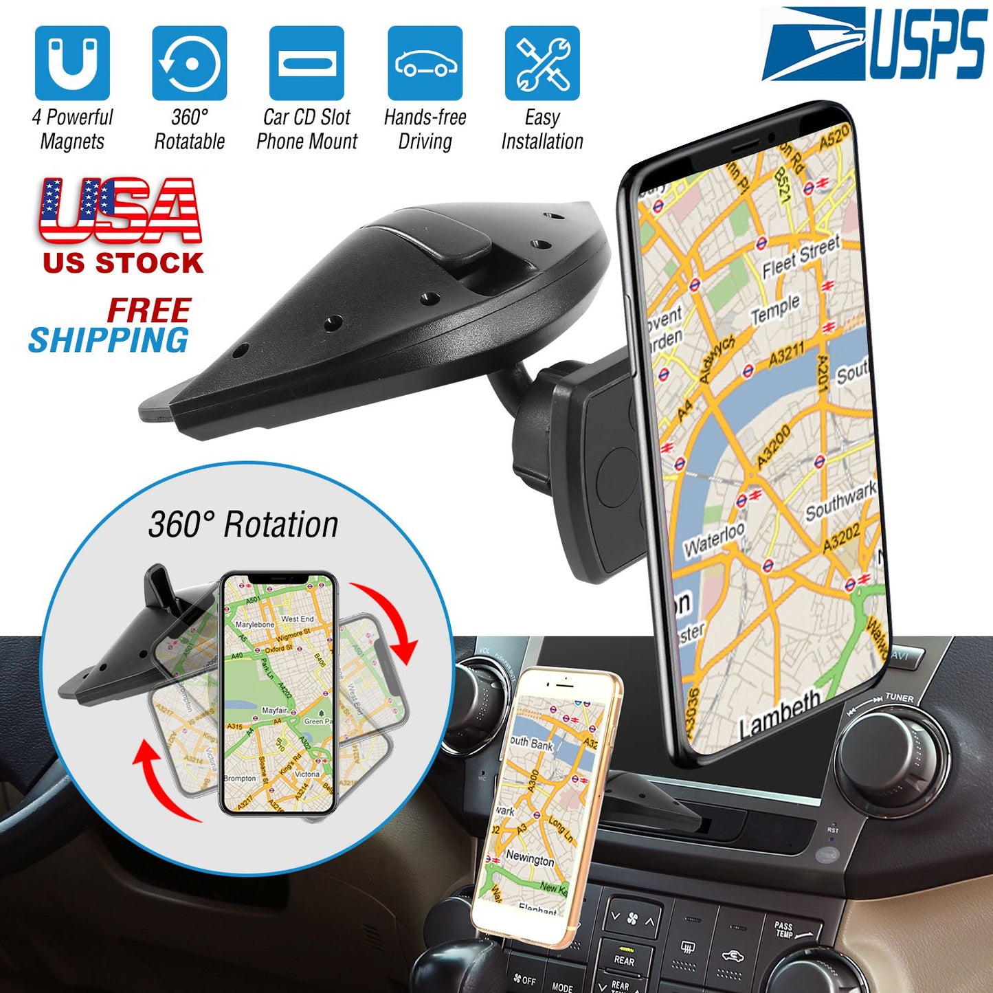 Magnetic CD Slot Car Phone Mount with 360° Rotation