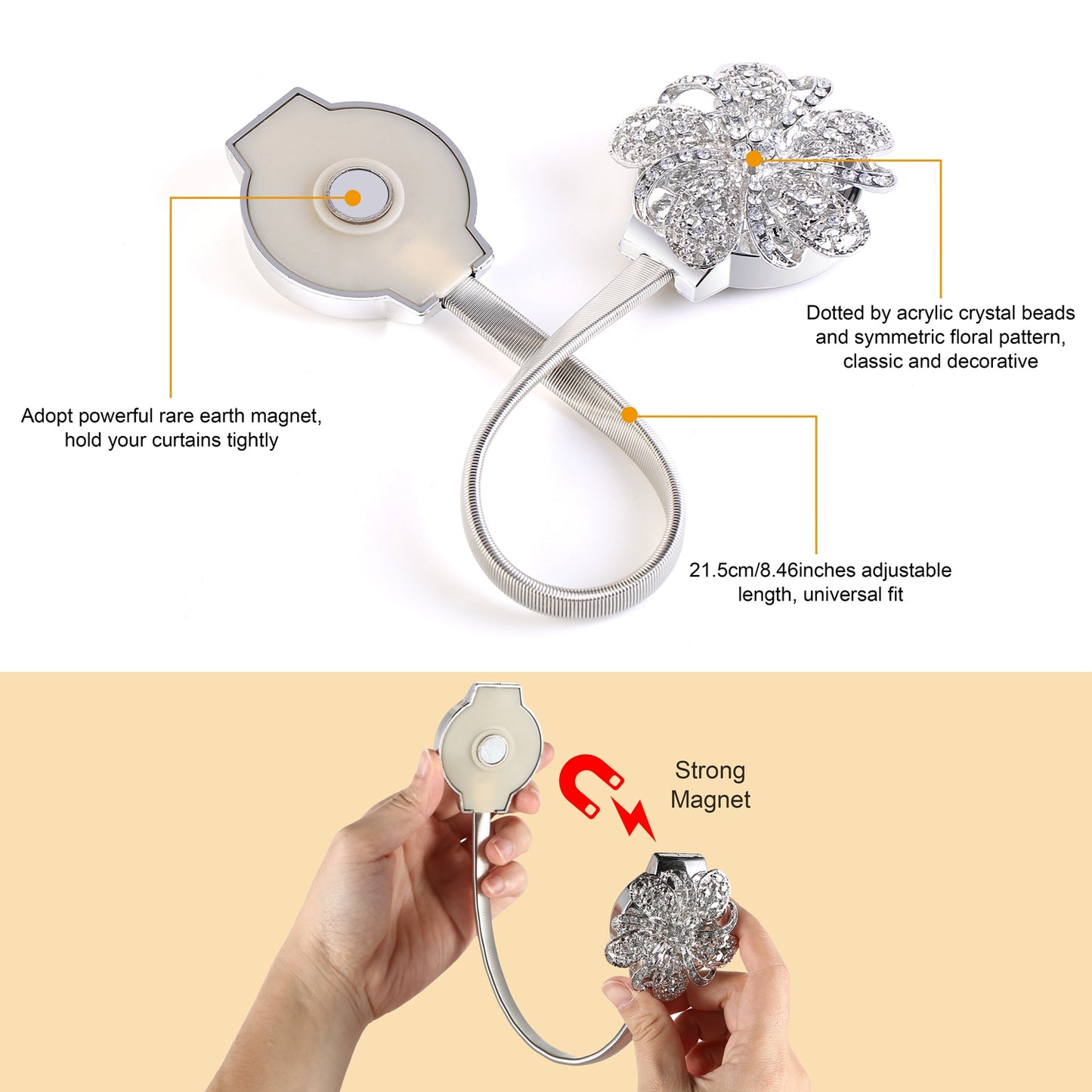 Magnetic Curtain Tiebacks with Floral Crystal Design - 2 Pack