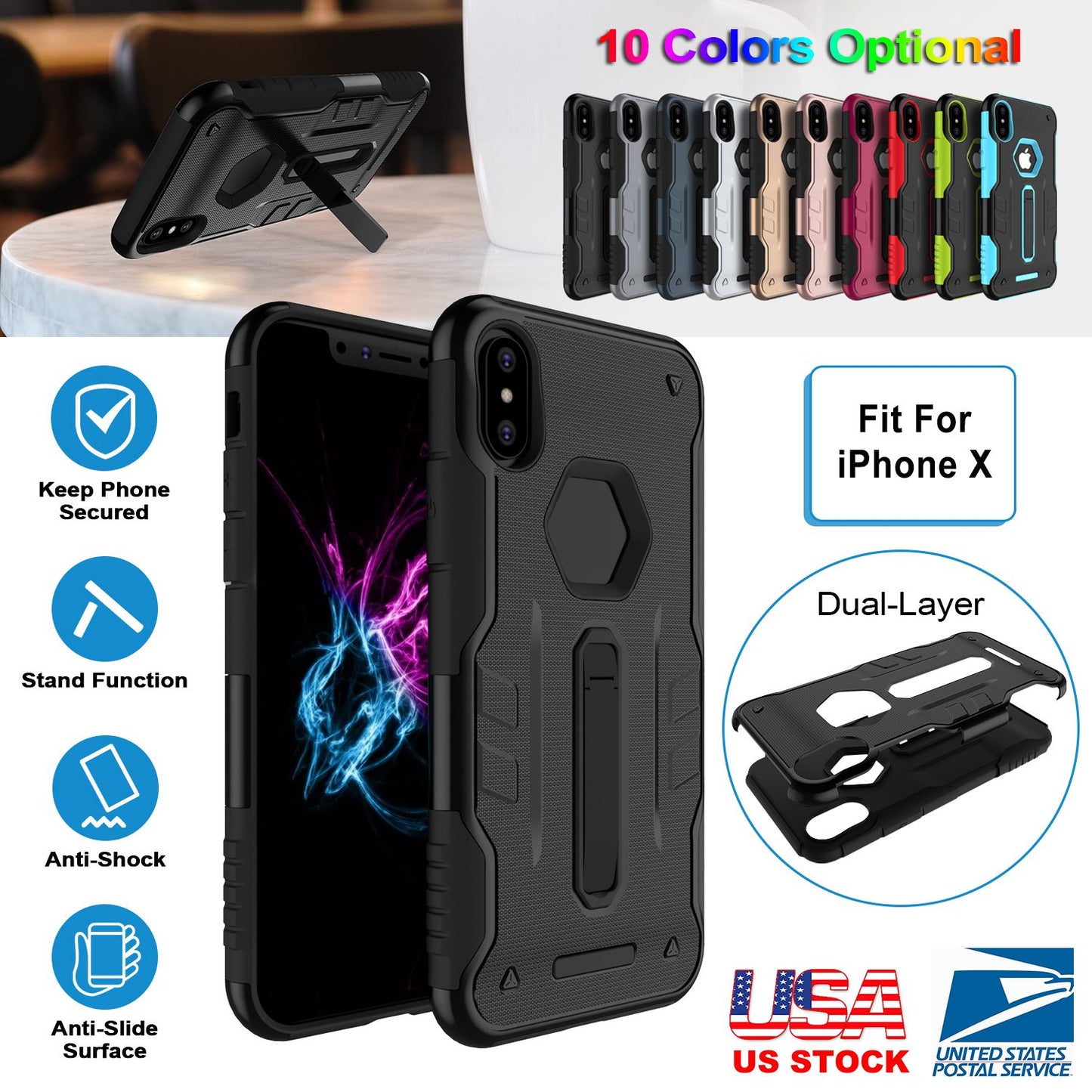 iPhone X Rugged Case with Kickstand - Dual Layer Protection