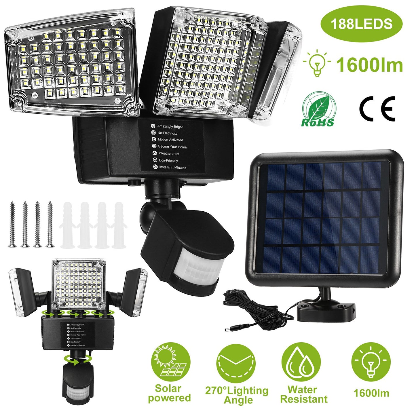Solar Motion Sensor Light 188 LEDs 1600lm with 3 Rotatable Heads