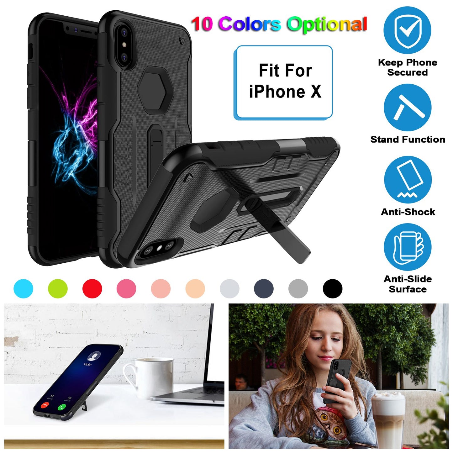 iPhone X Rugged Case with Kickstand - Dual Layer Protection