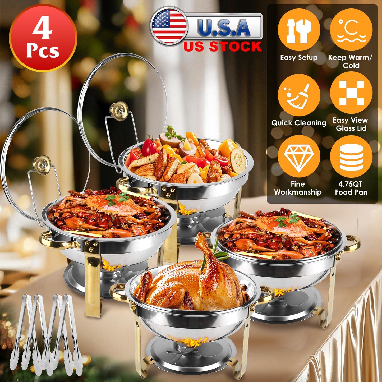 Chafing Dish Buffet Set 4-Pack 4.76QT Round Stainless Steel