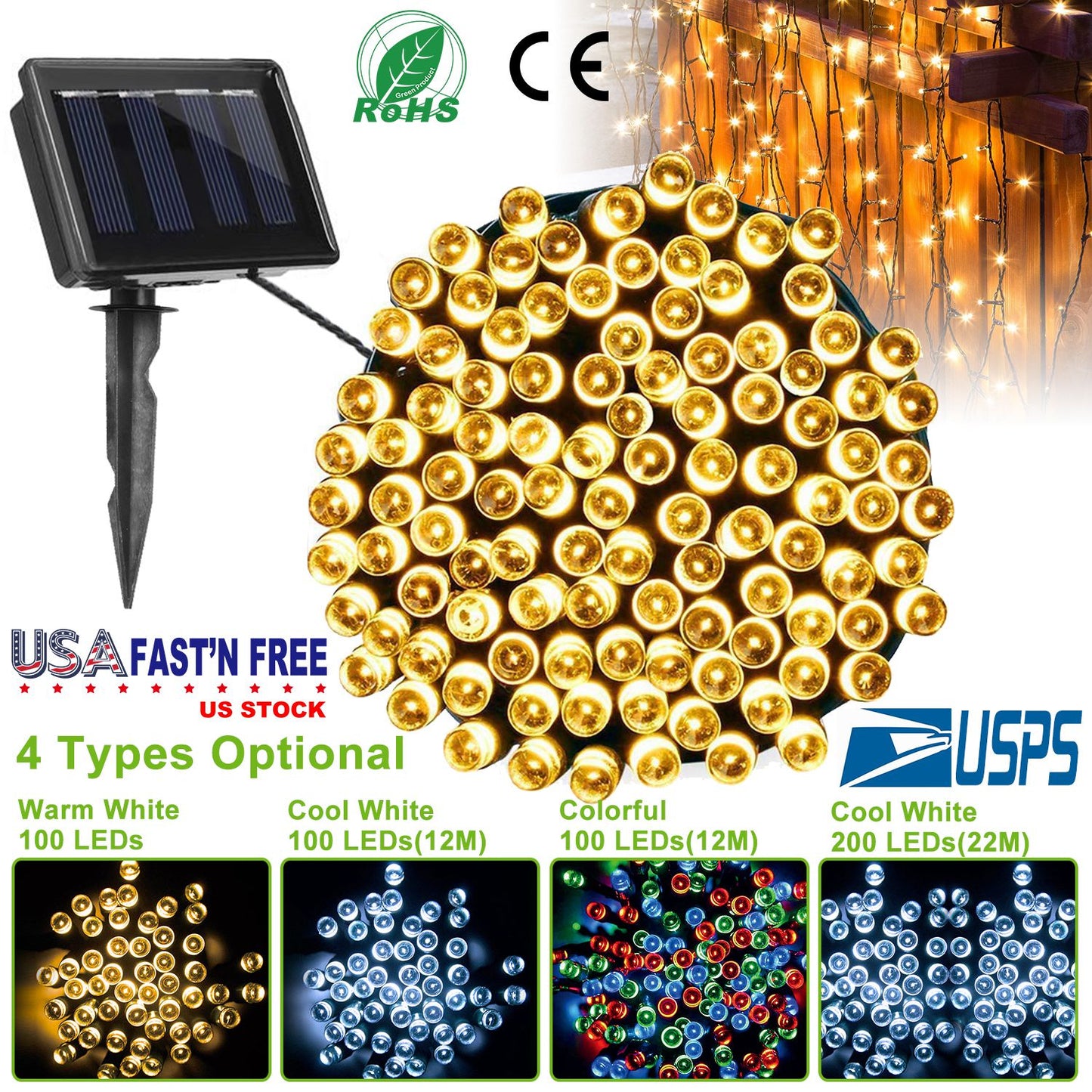 Solar String Lights 100 LED 40ft Outdoor Waterproof Cool White
