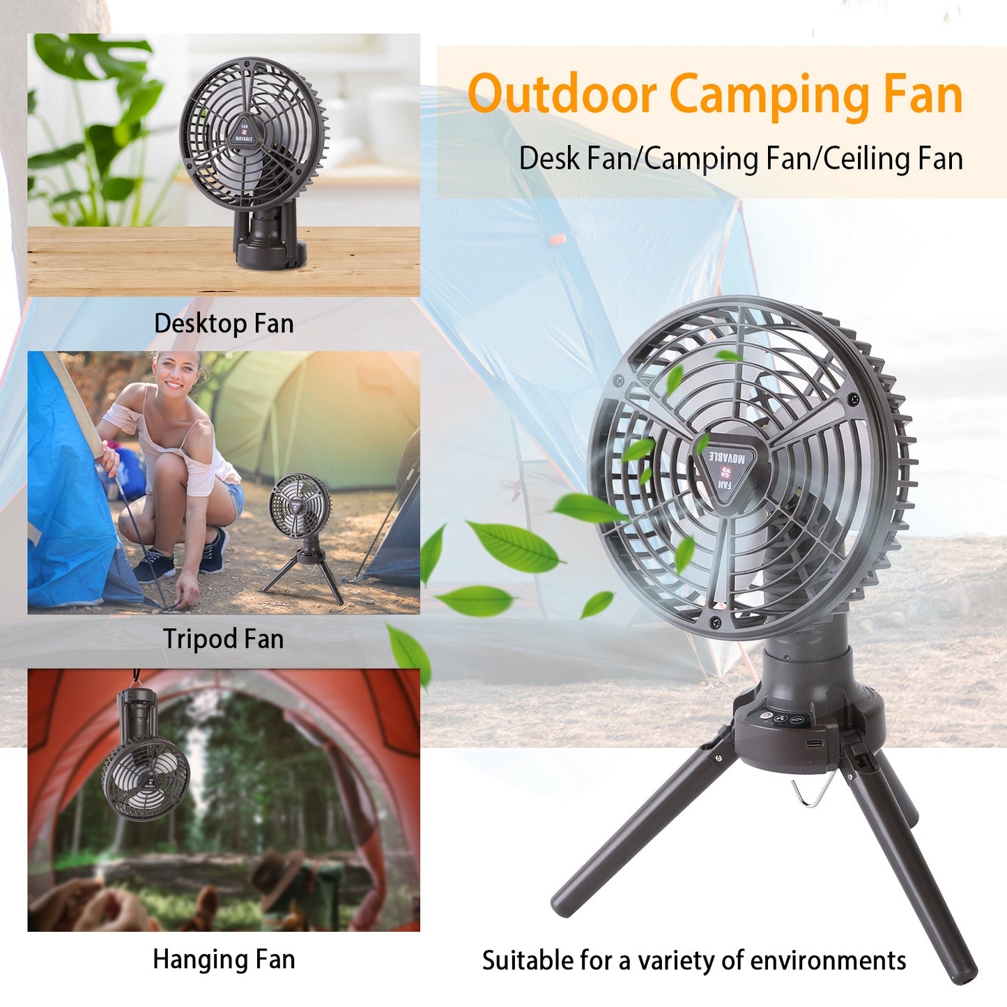 Portable Camping Fan with LED Light and Tripod Stand