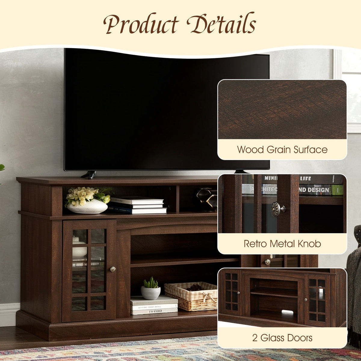 58" TV Stand with Glass Door Cabinets for TVs up to 65"