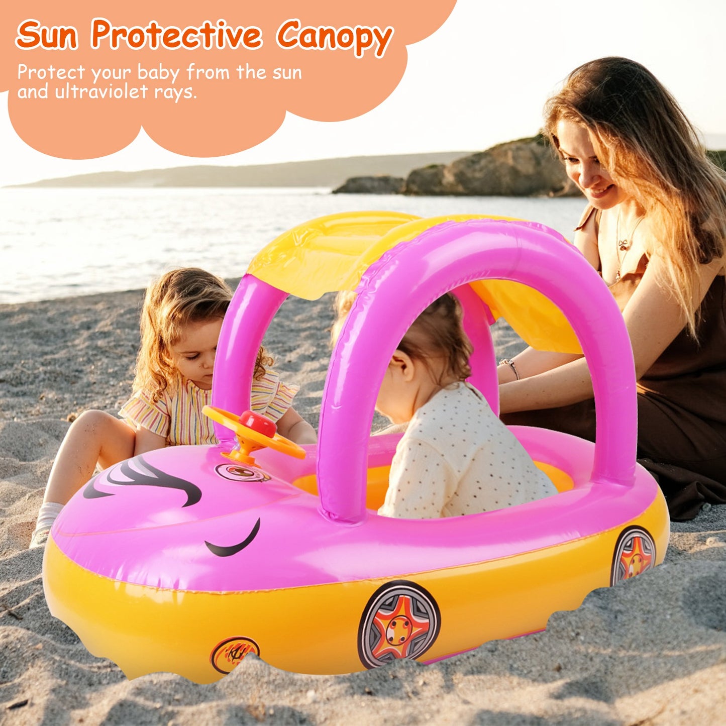 Baby Pool Float with Sun Canopy - Car Shaped Swim Ring